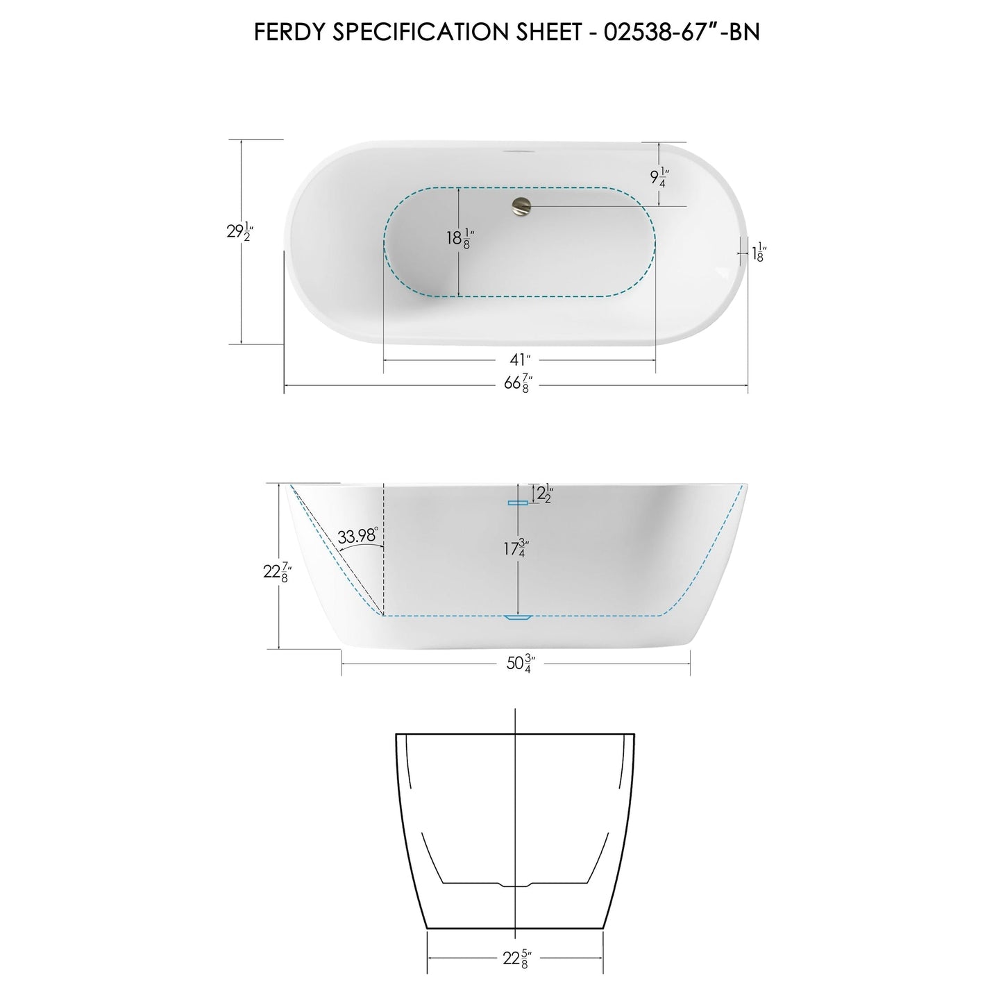 FerdY Bali 67" x 30" Oval Glossy White Acrylic Freestanding Roll Top Soaking Bathtub With Brushed Nickel Drain and Overflow