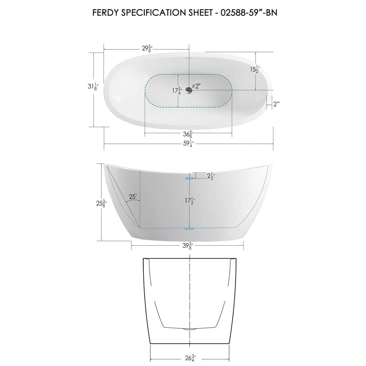 FerdY Naha 59" x 31" Oval Glossy White Acrylic Freestanding Double Slipper Soaking Bathtub With Brushed Nickel Drain and Overflow