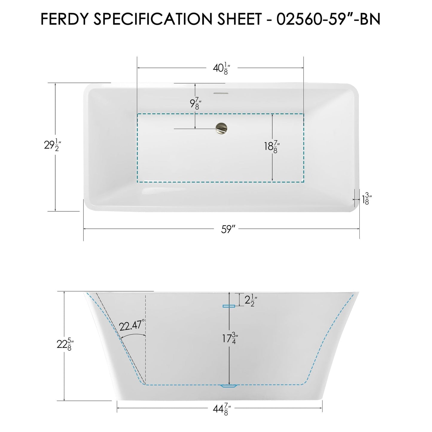 FerdY Sentosa 59" x 30" Rectangular Glossy White Acrylic Freestanding Double Slipper Soaking Bathtub With Brushed Nickel Drain and Overflow