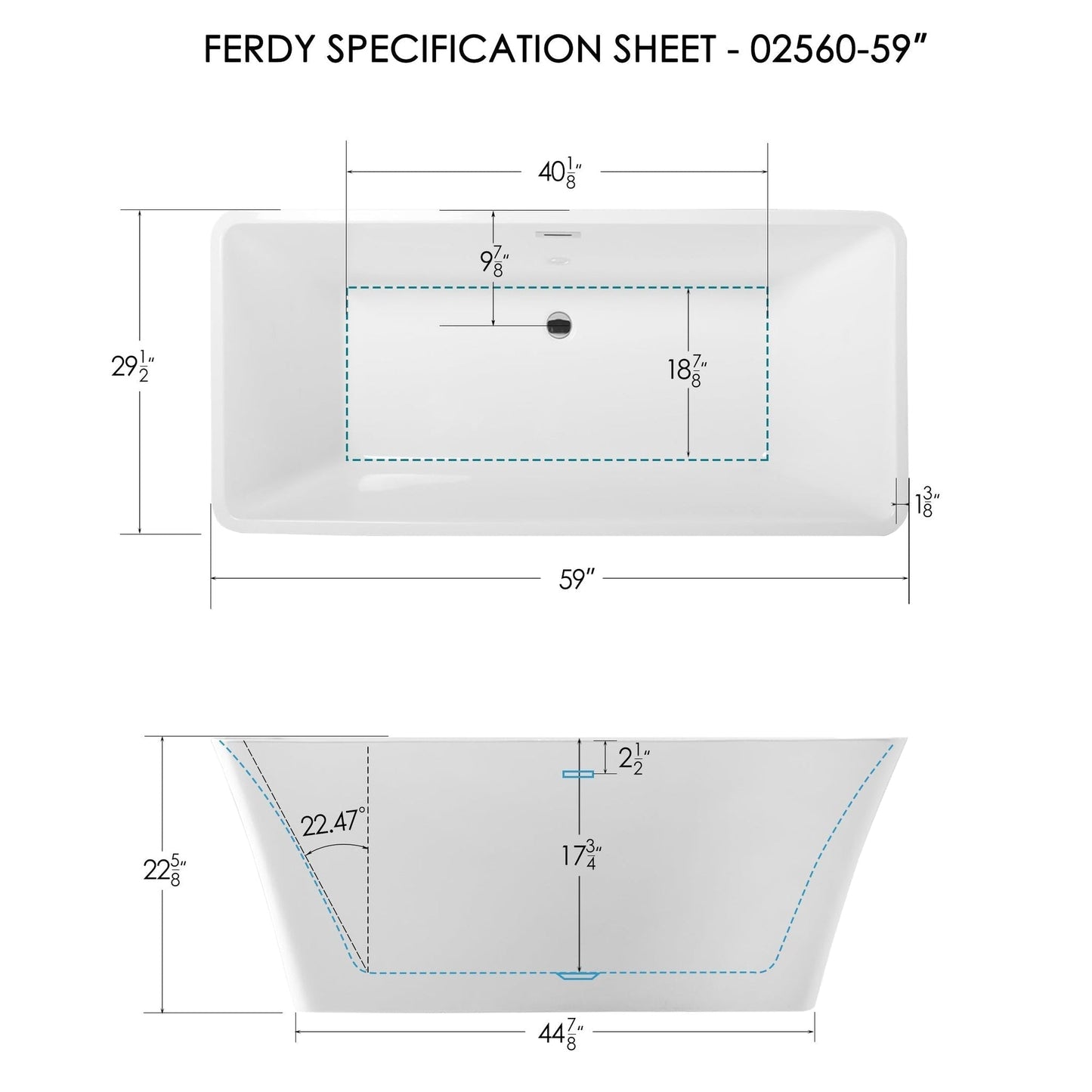 FerdY Sentosa 59" x 30" Rectangular Glossy White Acrylic Freestanding Double Slipper Soaking Bathtub With Chrome Drain and Overflow