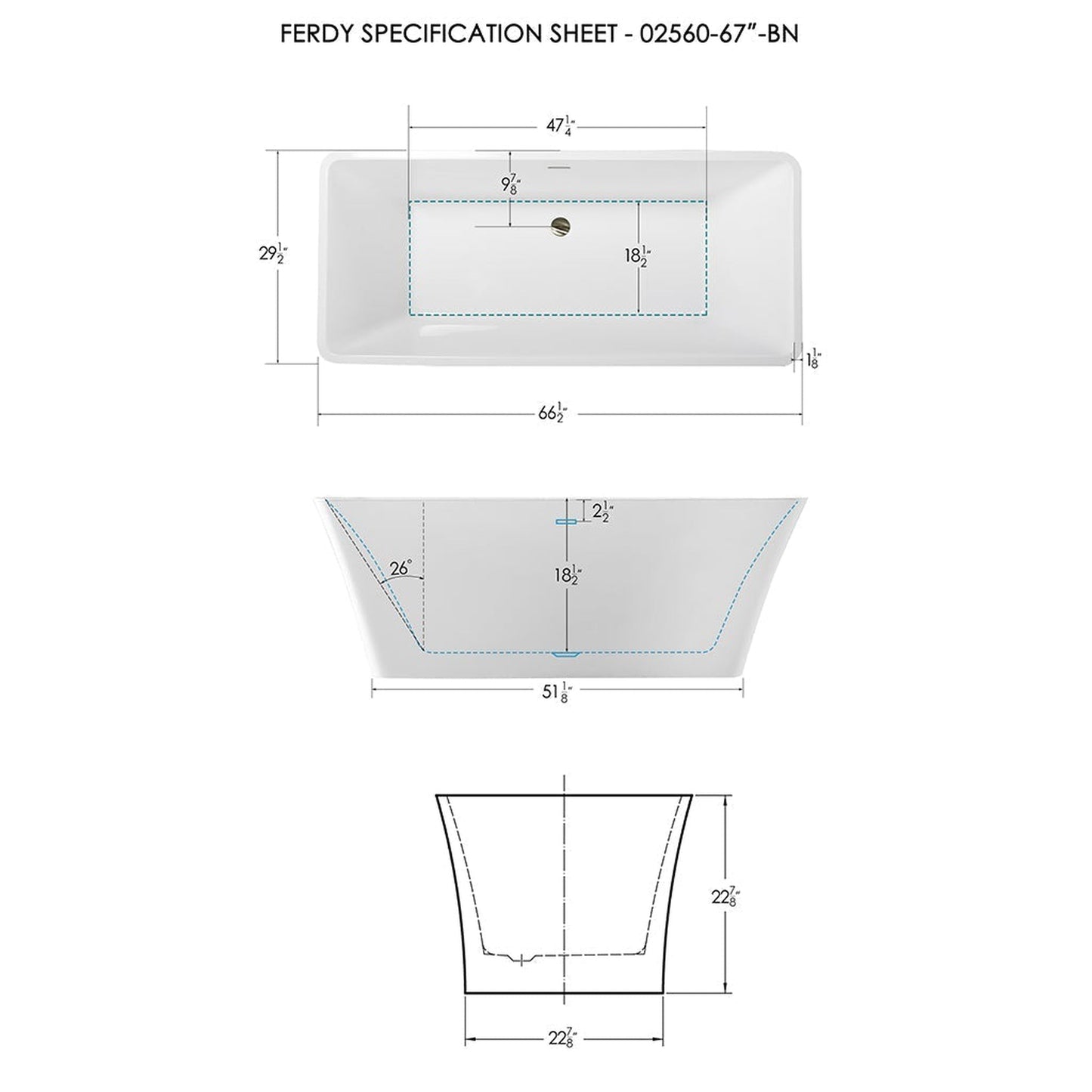 FerdY Sentosa 67" x 30" Rectangular Glossy White Acrylic Freestanding Double Slipper Soaking Bathtub With Brushed Nickel Drain and Overflow