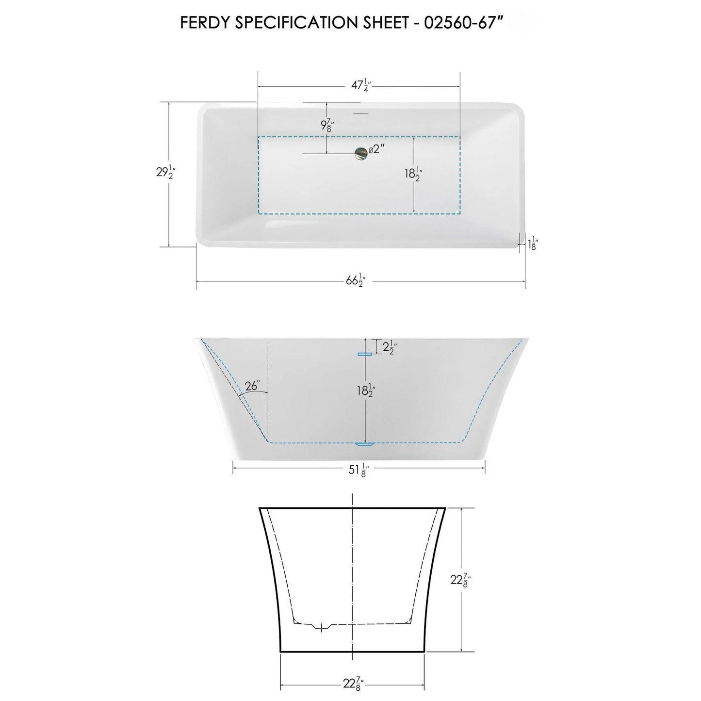 FerdY Sentosa 67" x 30" Rectangular Glossy White Acrylic Freestanding Double Slipper Soaking Bathtub With Chrome Drain and Overflow