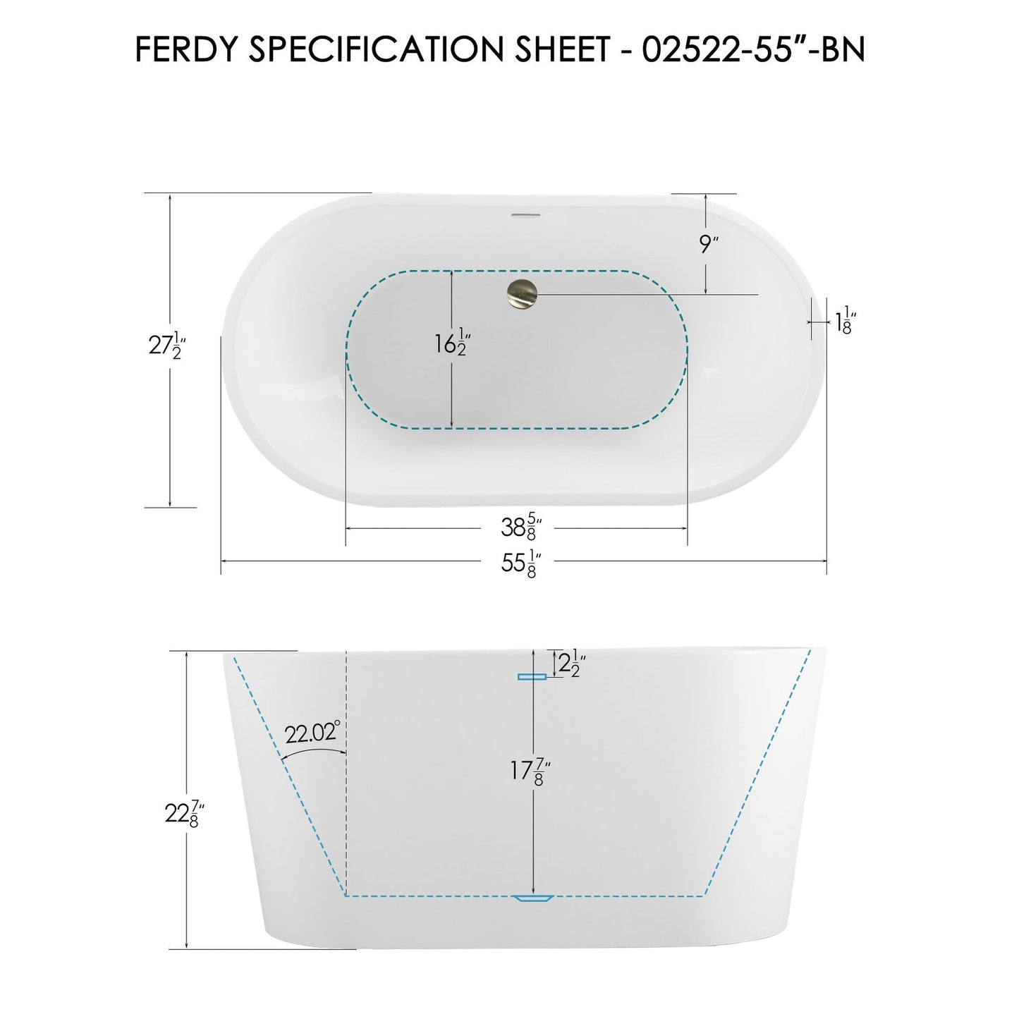 FerdY Shangri-La 55" x 28" Oval Glossy White Acrylic Freestanding Roll Top Soaking Bathtub With Brushed Nickel Drain and Overflow