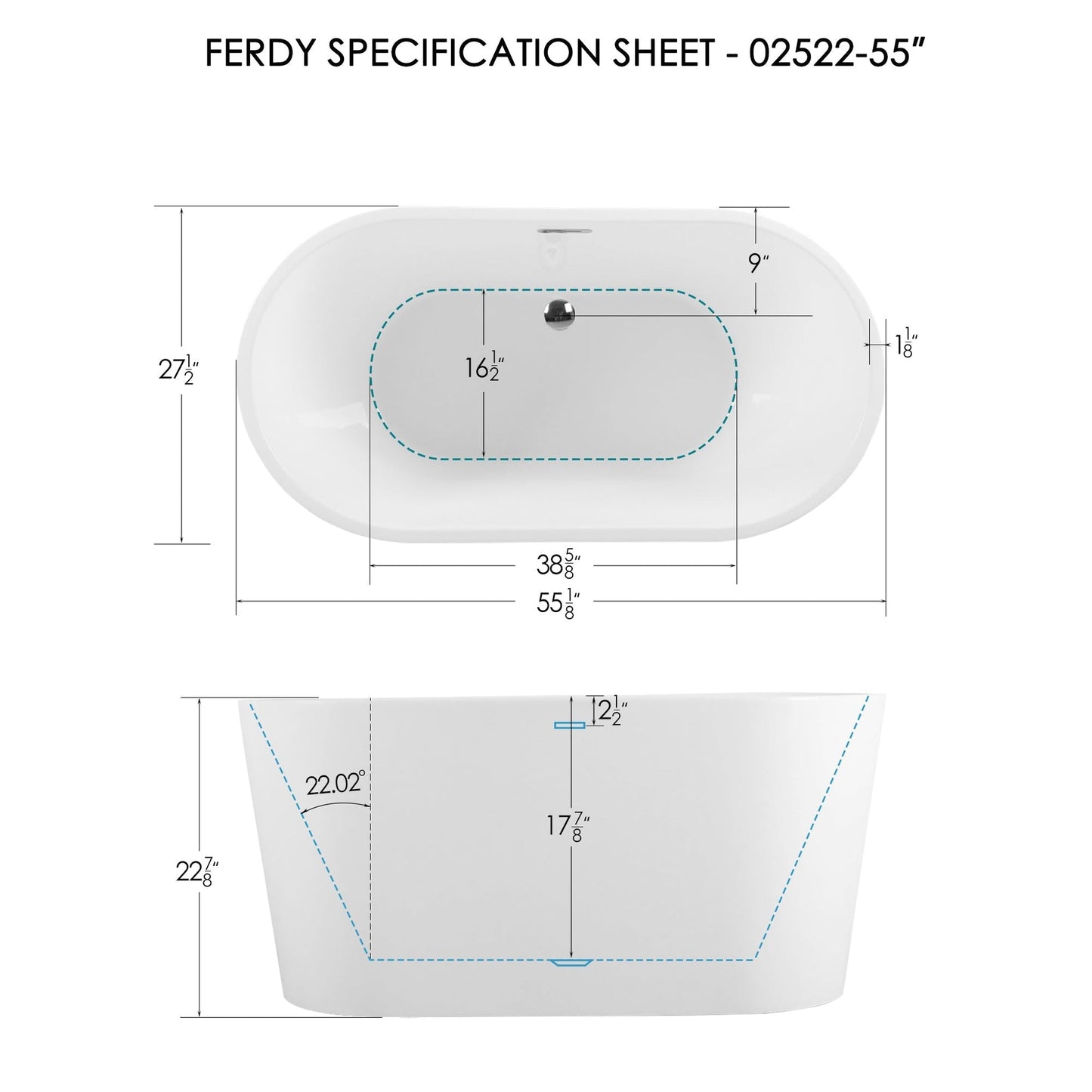 FerdY Shangri-La 55" x 28" Oval Glossy White Acrylic Freestanding Roll Top Soaking Bathtub With Chrome Drain and Overflow
