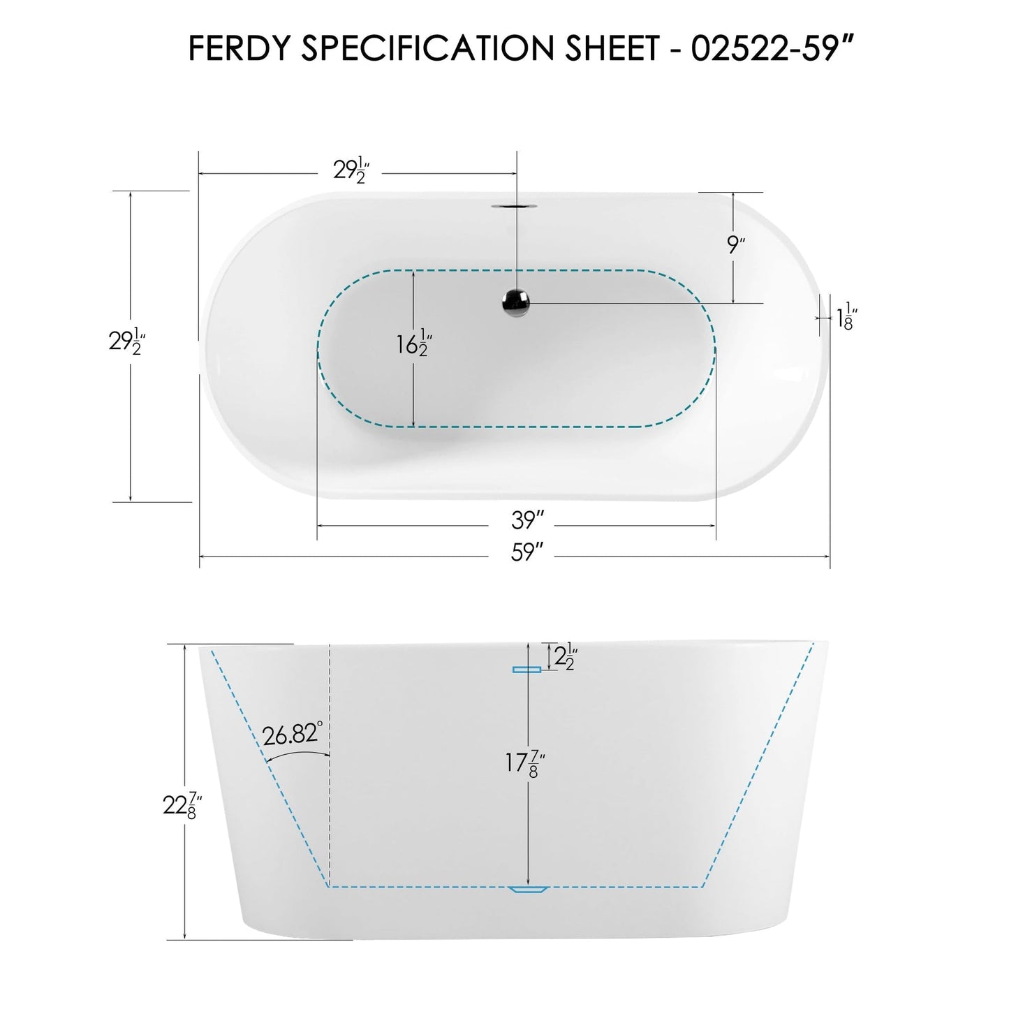 FerdY Shangri-La 59" x 30" Oval Glossy White Acrylic Freestanding Double Slipper Soaking Bathtub With Chrome Drain and Overflow