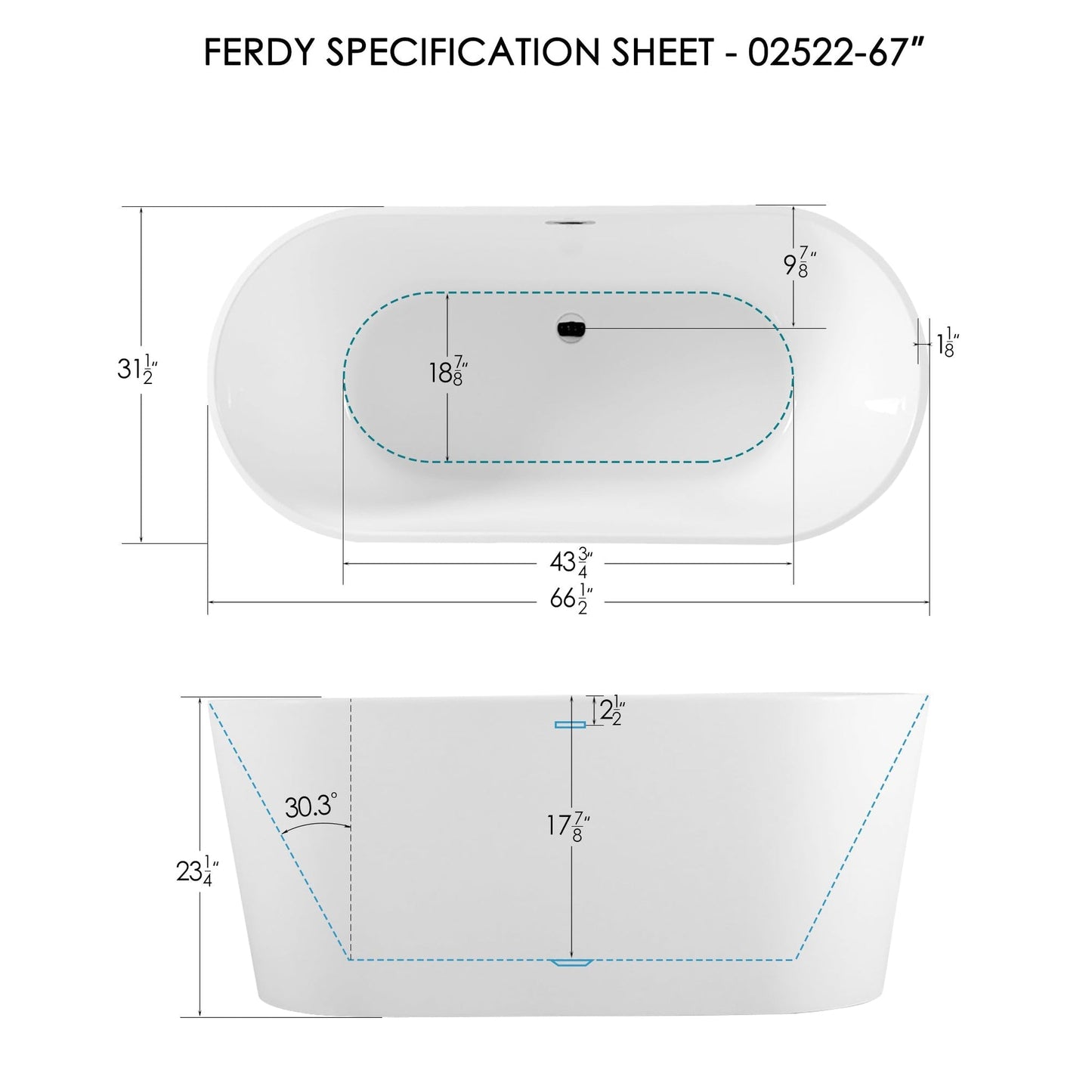 FerdY Shangri-La 67" x 32" Oval Glossy White Acrylic Freestanding Double Slipper Soaking Bathtub With Chrome Drain and Overflow