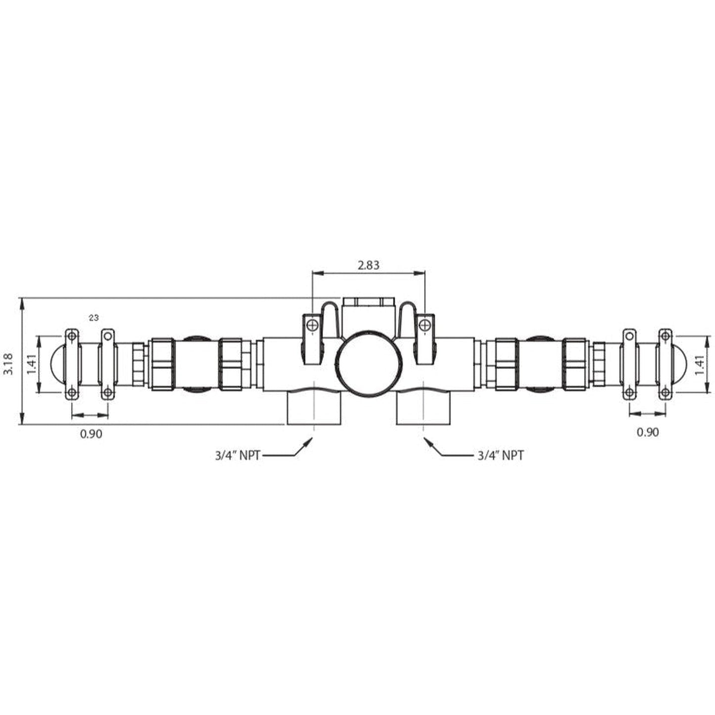 Flusso Faucets Serie 145 18" Five-Hole 2-Volume Control Chrome Trim Set With 1" 2-Output Thermostatic Bathtub / Shower Valve And Hand Shower