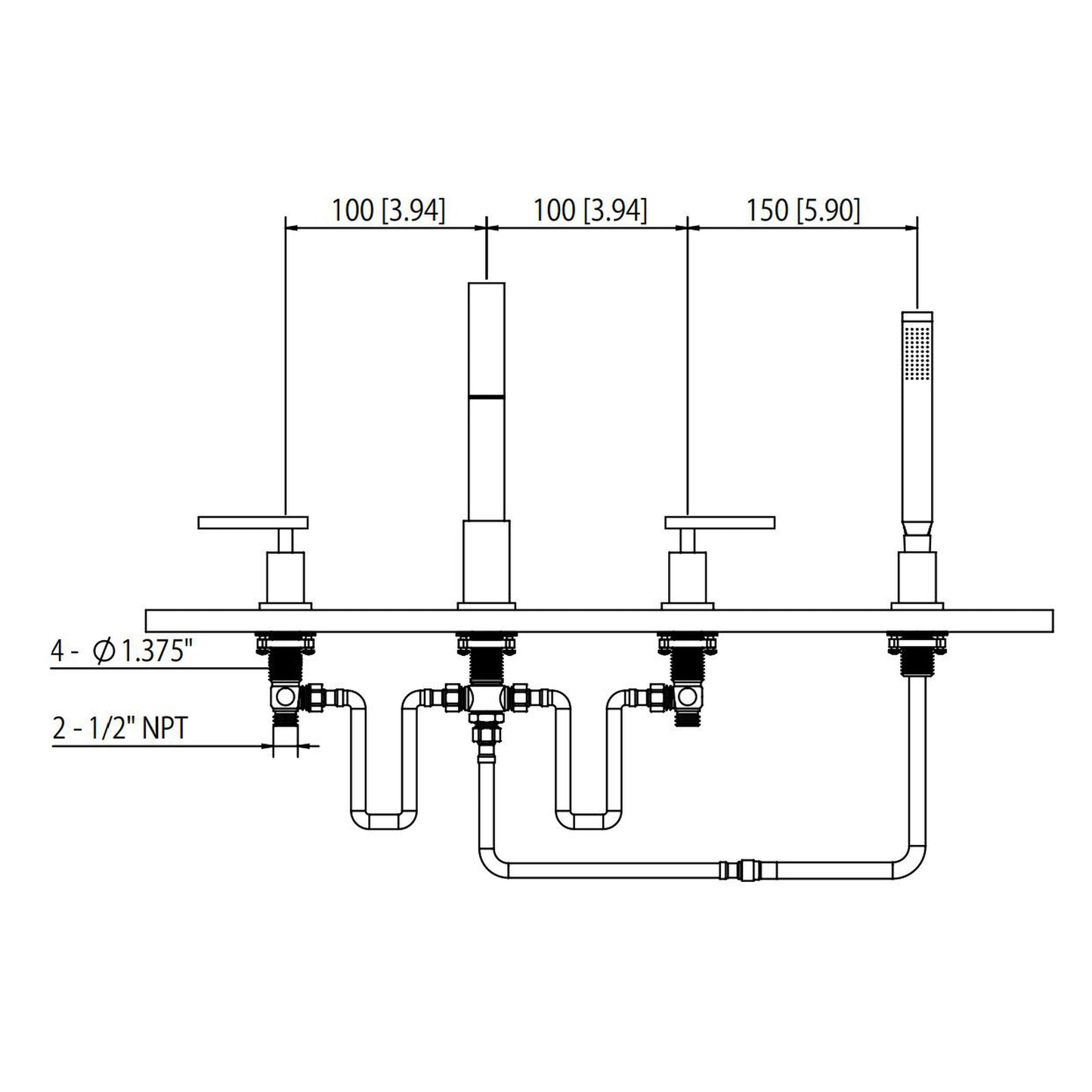 Flusso Faucets Serie 150 14" Four-Hole Chrome Solid Brass Deck-Mounted Roman Bathtub Faucet With Hand Shower