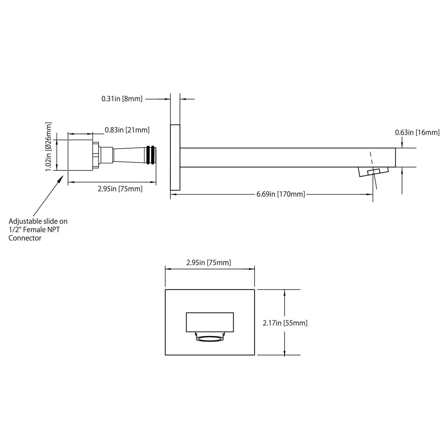 Flusso Faucets Serie 160 7" Single-Hole Matte Black Solid Brass Wall-Mounted Non-Diverting Bathtub Spout