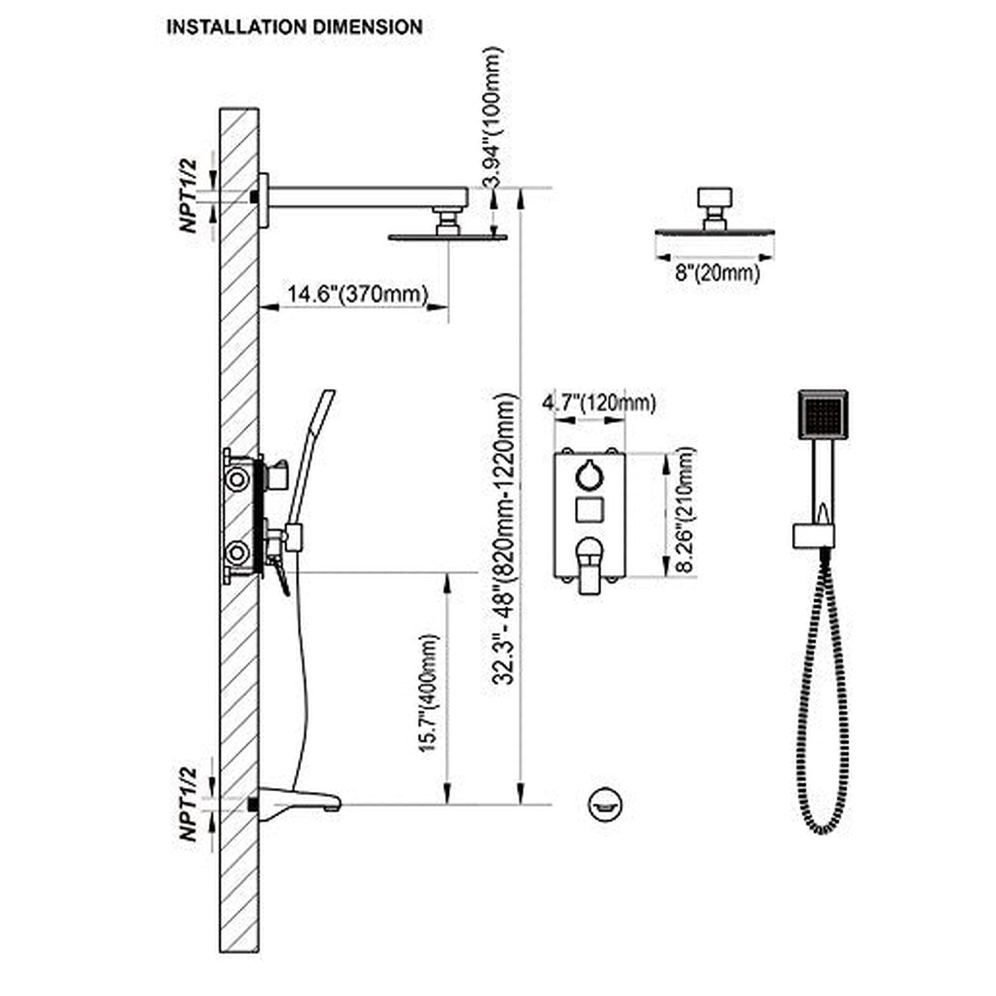 Fontana Crotone Chrome Wall-Mounted LED Digital Display 3 Way Shower System Rainfall Shower Set With Hand Shower and Tub Faucet