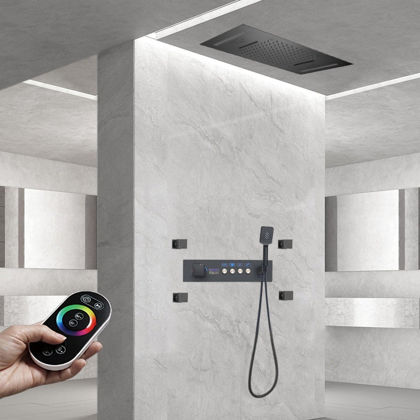 Fontana Rimini Creative Luxury Matte Black Recessed Ceiling Mounted LED Thermostatic Waterfall & Rainfall Shower System With 4-Jet Body Sprays and Hand Shower