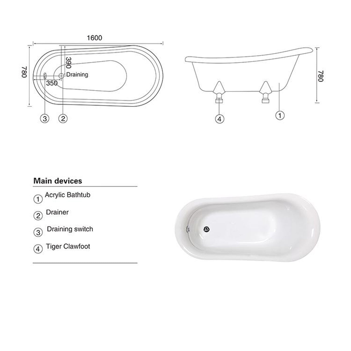 Fontana Sierra 59" x 30" Single Slipper Gold Oval Freestanding Indoor Soaking Acrylic Bathtub
