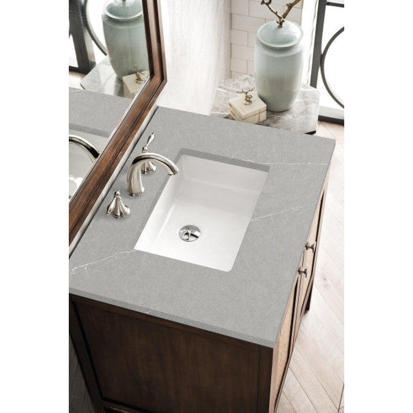 James Martin Addison 30" 2-Door Single Mid Century Acacia Bathroom Vanity With 1" Eternal Serena Quartz Top and Rectangular Ceramic Sink