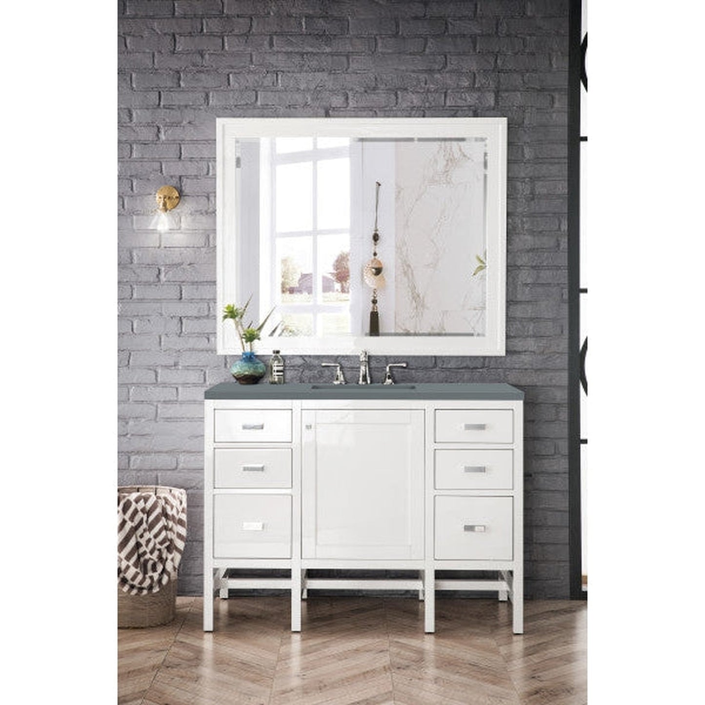 James Martin Addison 48" Single Glossy White Bathroom Vanity With 1" Cala Blue Quartz Top and Rectangular Ceramic Sink