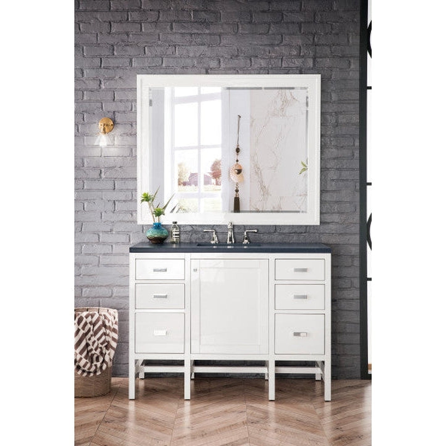 James Martin Addison 48" Single Glossy White Bathroom Vanity With 1" Charcoal Soapstone Quartz Top and Rectangular Ceramic Sink