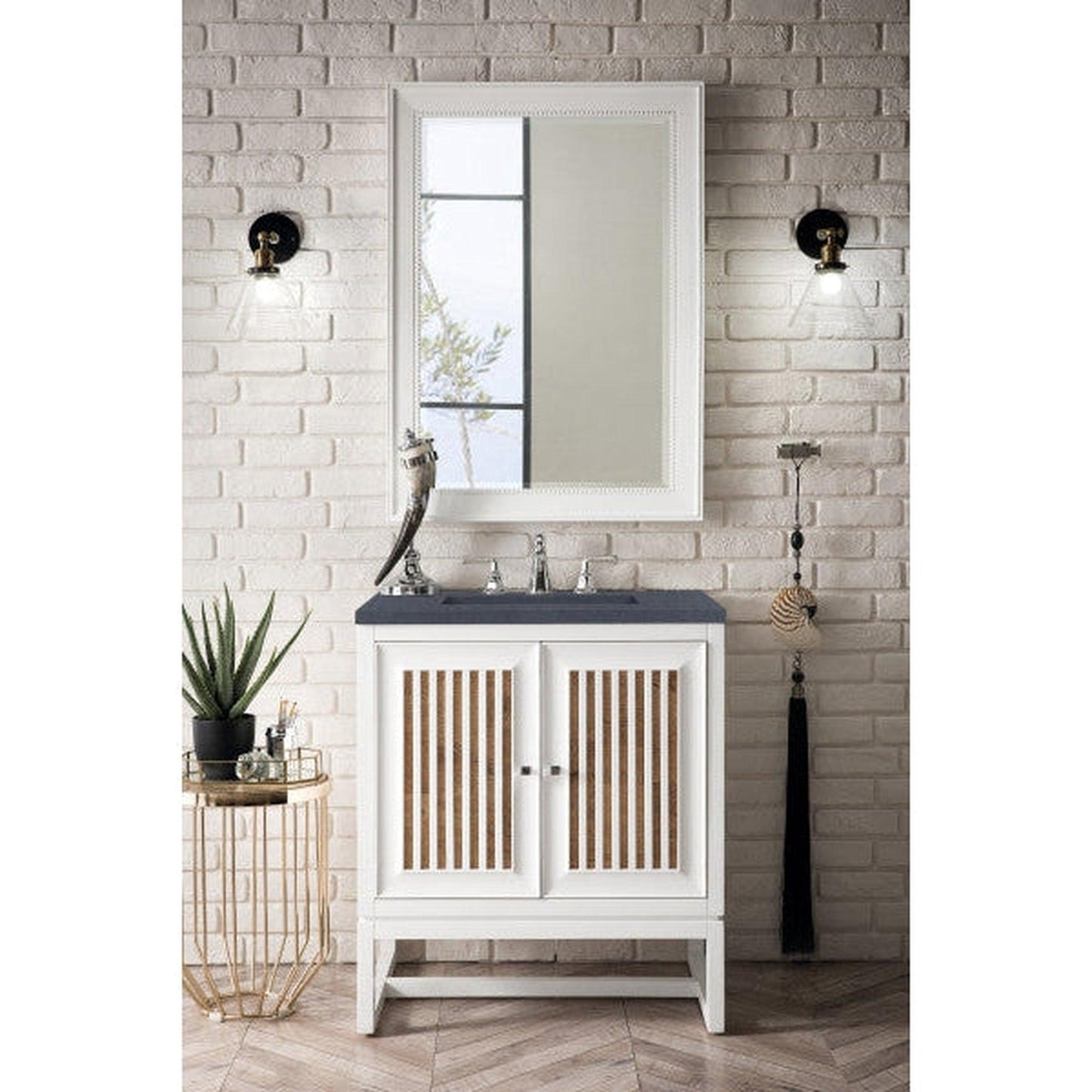 James Martin Athens 30" Single Glossy White Bathroom Vanity With 1" Charcoal Soapstone Quartz Top and Rectangular Ceramic Sink