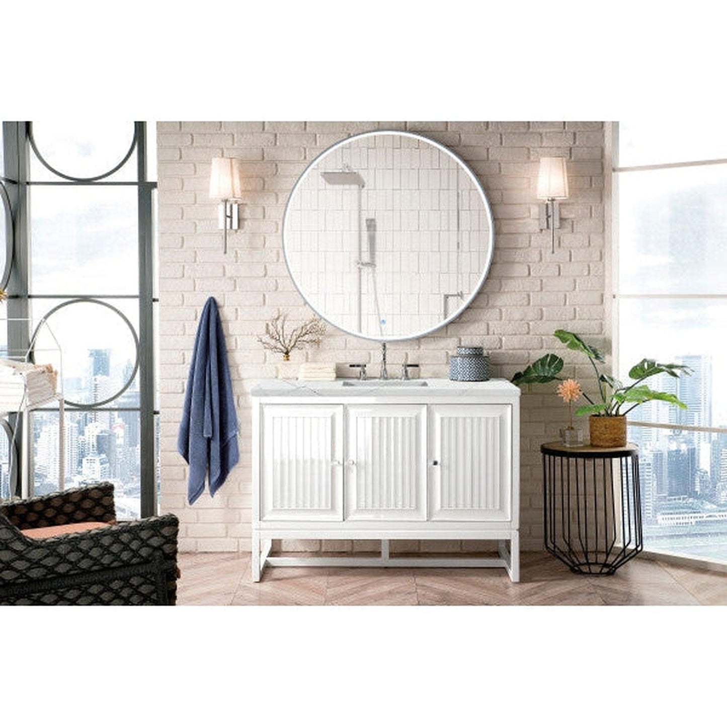 James Martin Athens 48" Single Glossy White Bathroom Vanity With 1" Ethereal Noctis Quartz Top and Rectangular Ceramic Sink