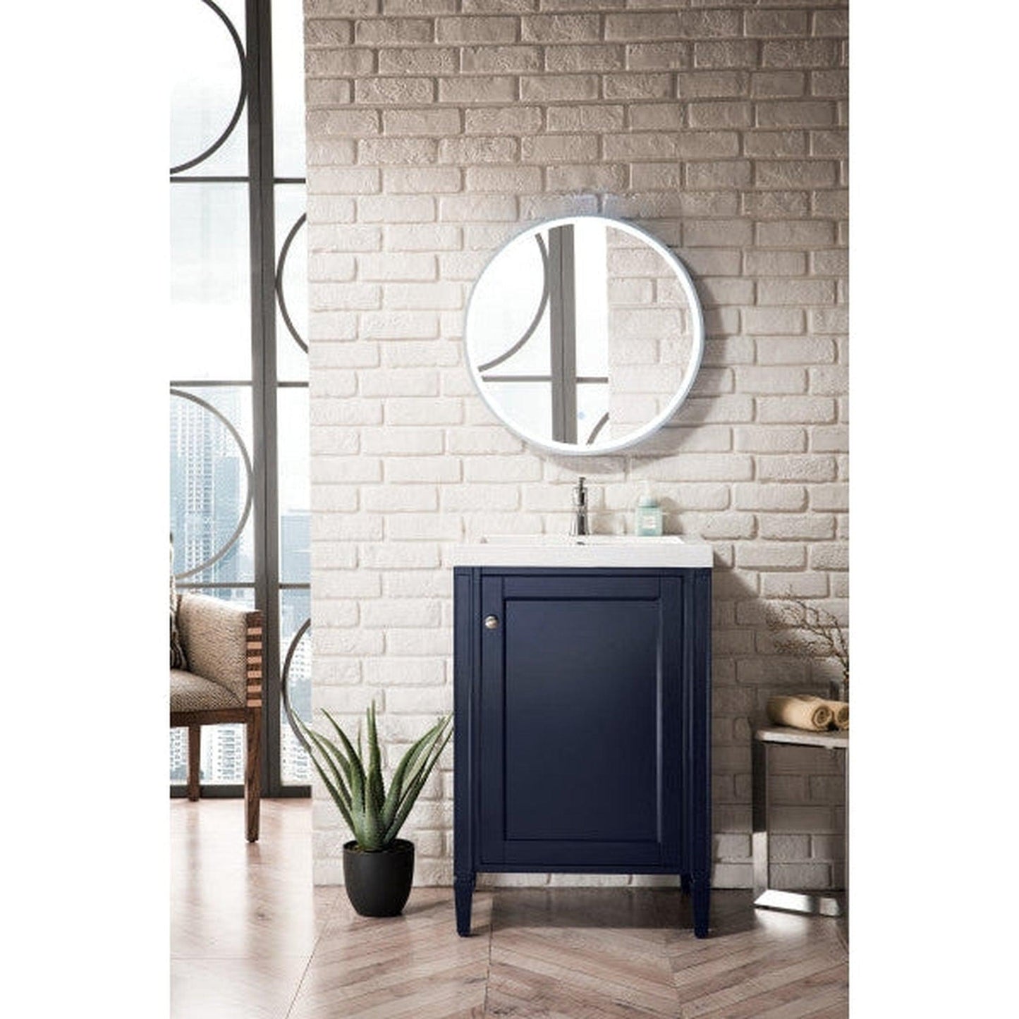 James Martin Britannia 24" Single Navy Blue Cabinet With 2" Glossy White Composite Countertop