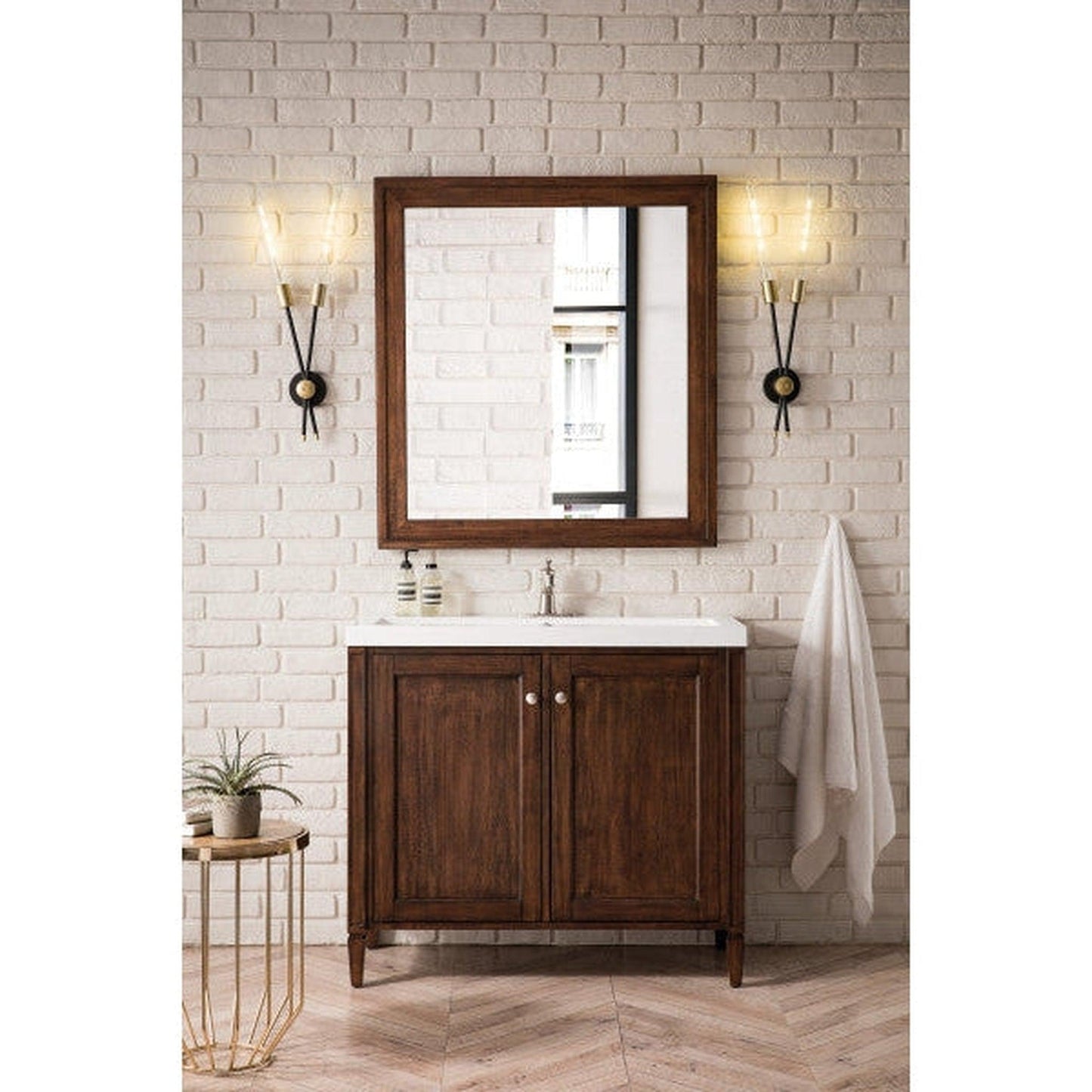 James Martin Britannia 39" Single Mid Century Acacia Bathroom Vanity With 2" Glossy White Composite Countertop