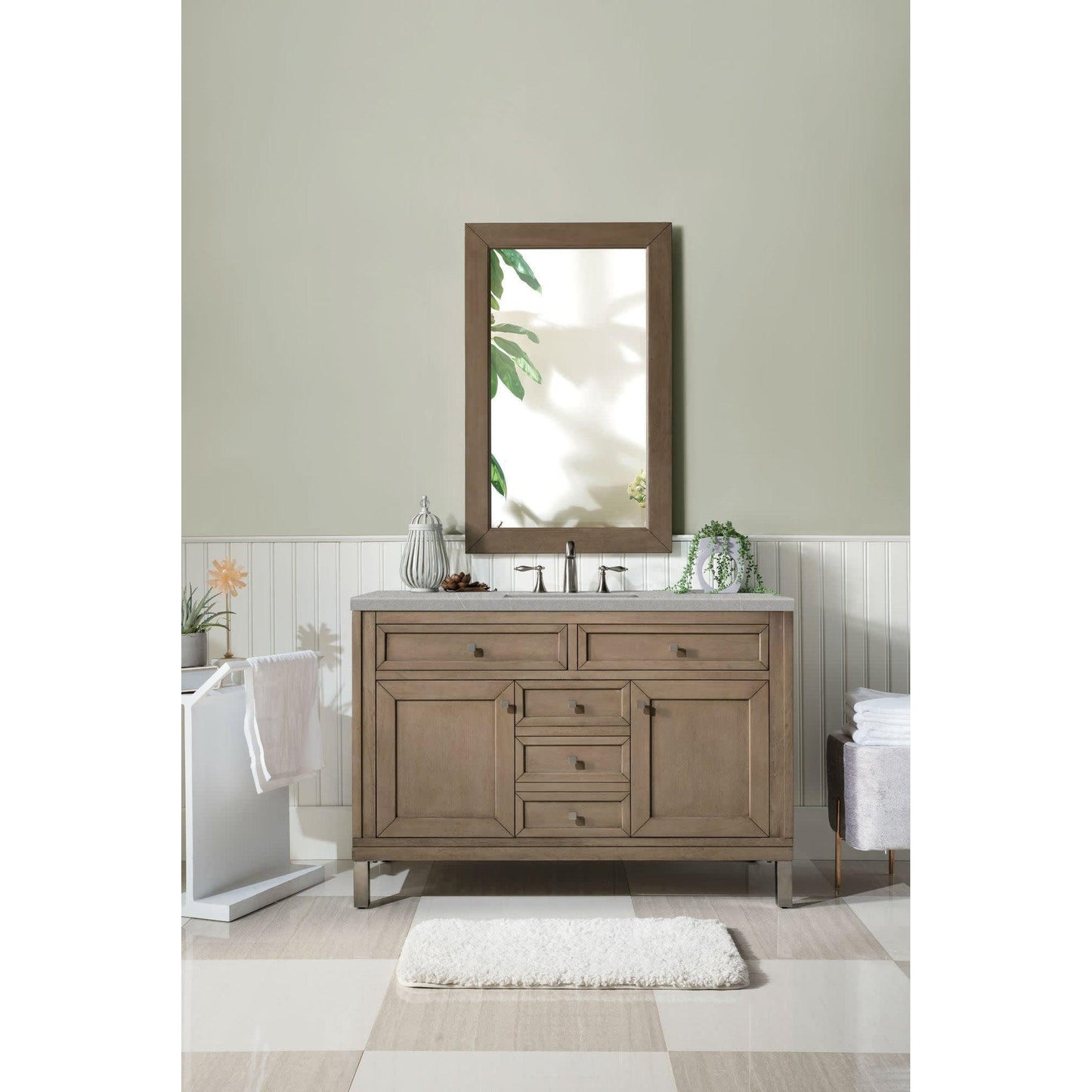 James Martin Chicago 48" Single Whitewashed Walnut Bathroom Vanity With 1" Eternal Serena Quartz Top and Rectangular Ceramic Sink