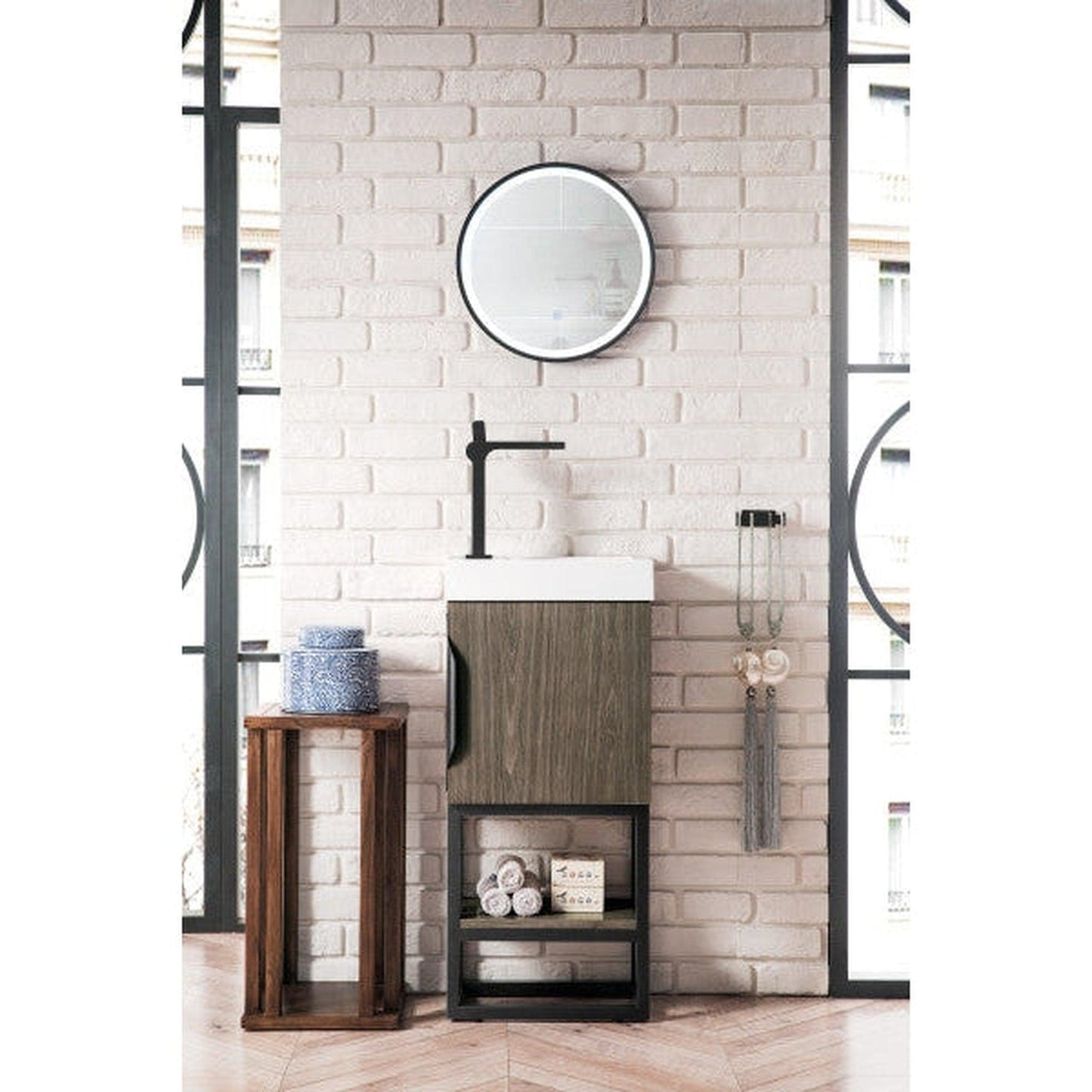 James Martin Columbia 16" Single Ash Gray Bathroom Vanity With Matte Black Hardware and 3" Glossy White Composite Countertop