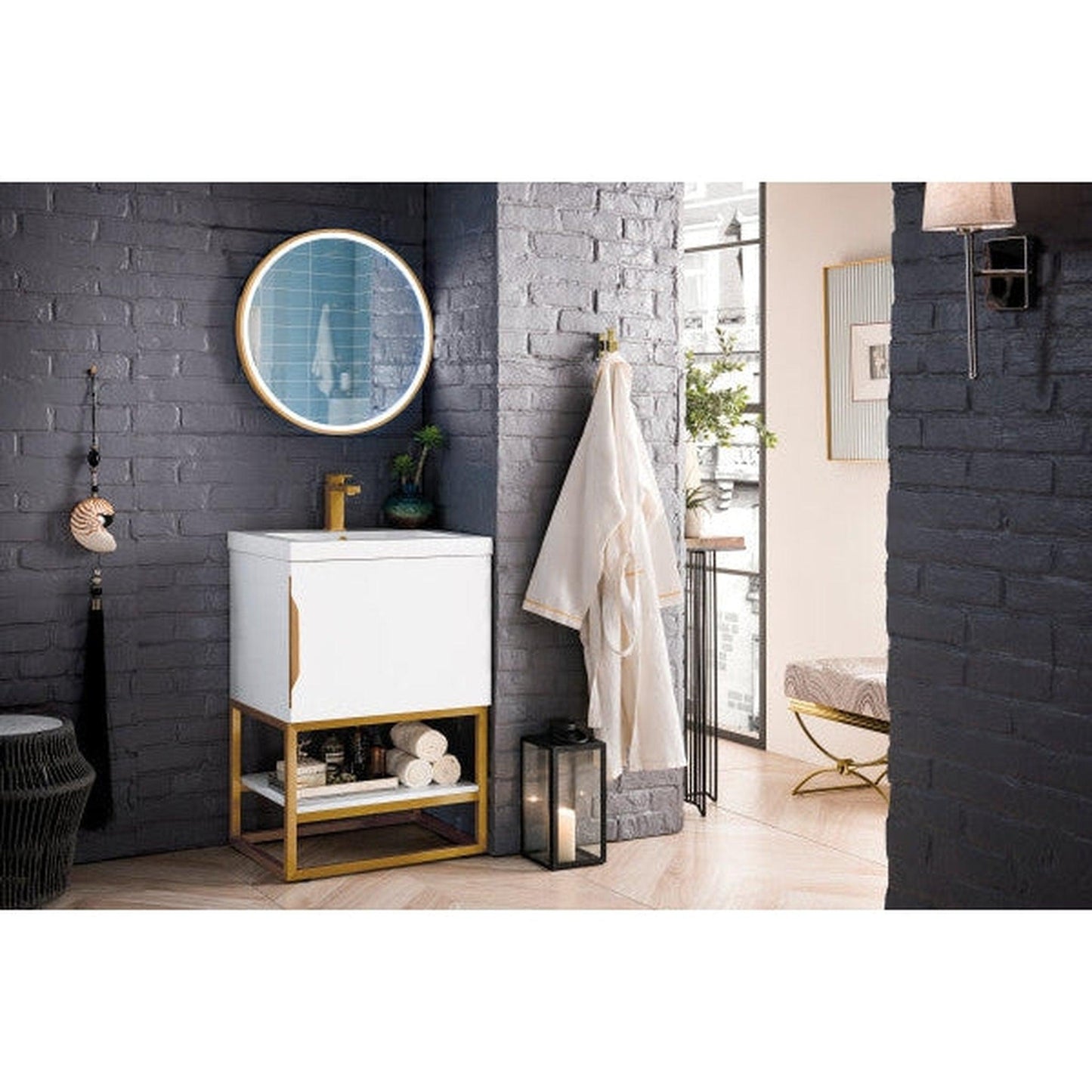 James Martin Columbia 24" Single Glossy White Bathroom Vanity With Radiant Gold Hardware and 2" Glossy White Composite Countertop