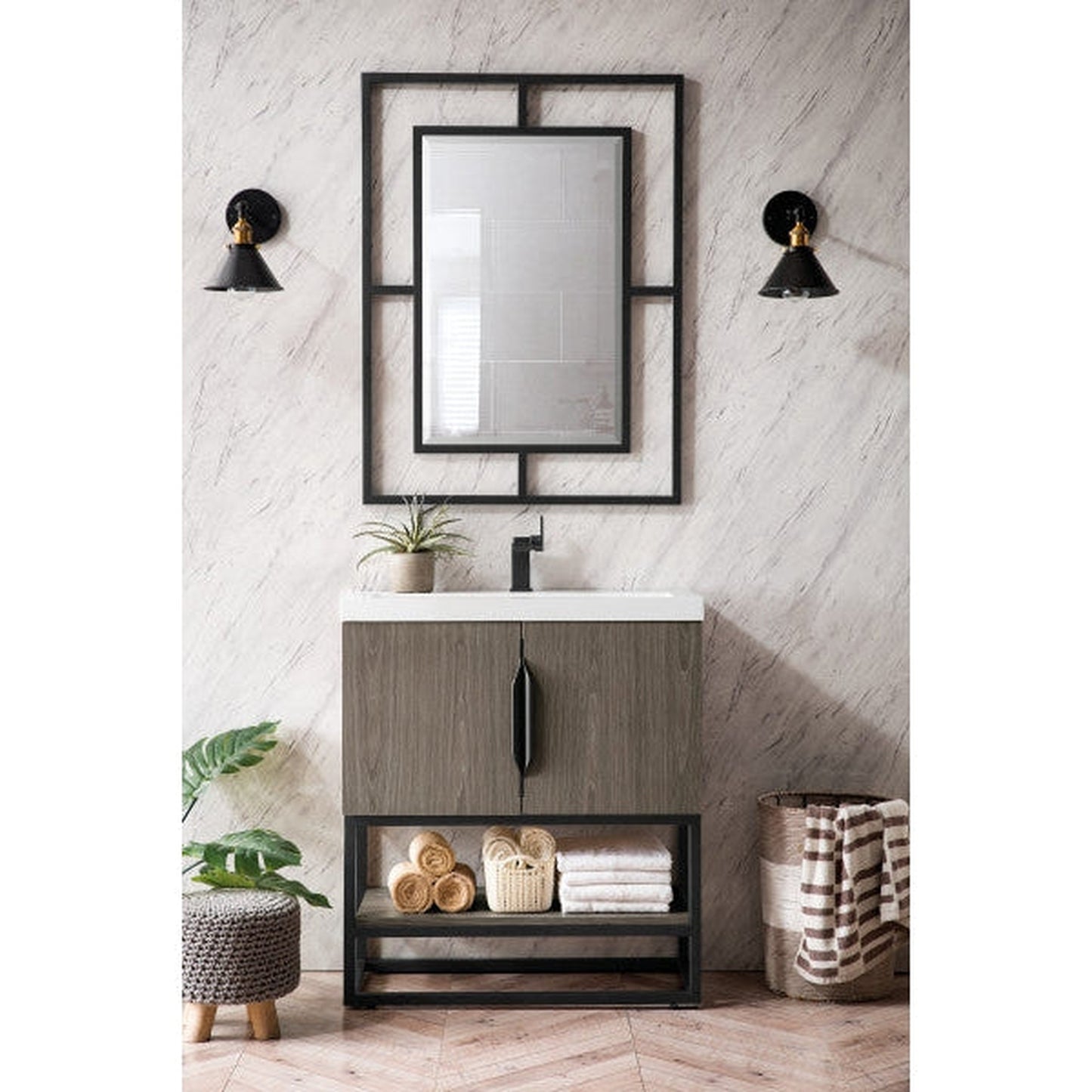James Martin Columbia 32" Single Ash Gray Bathroom Vanity With Matte Black Hardware and 2" Glossy White Composite Countertop
