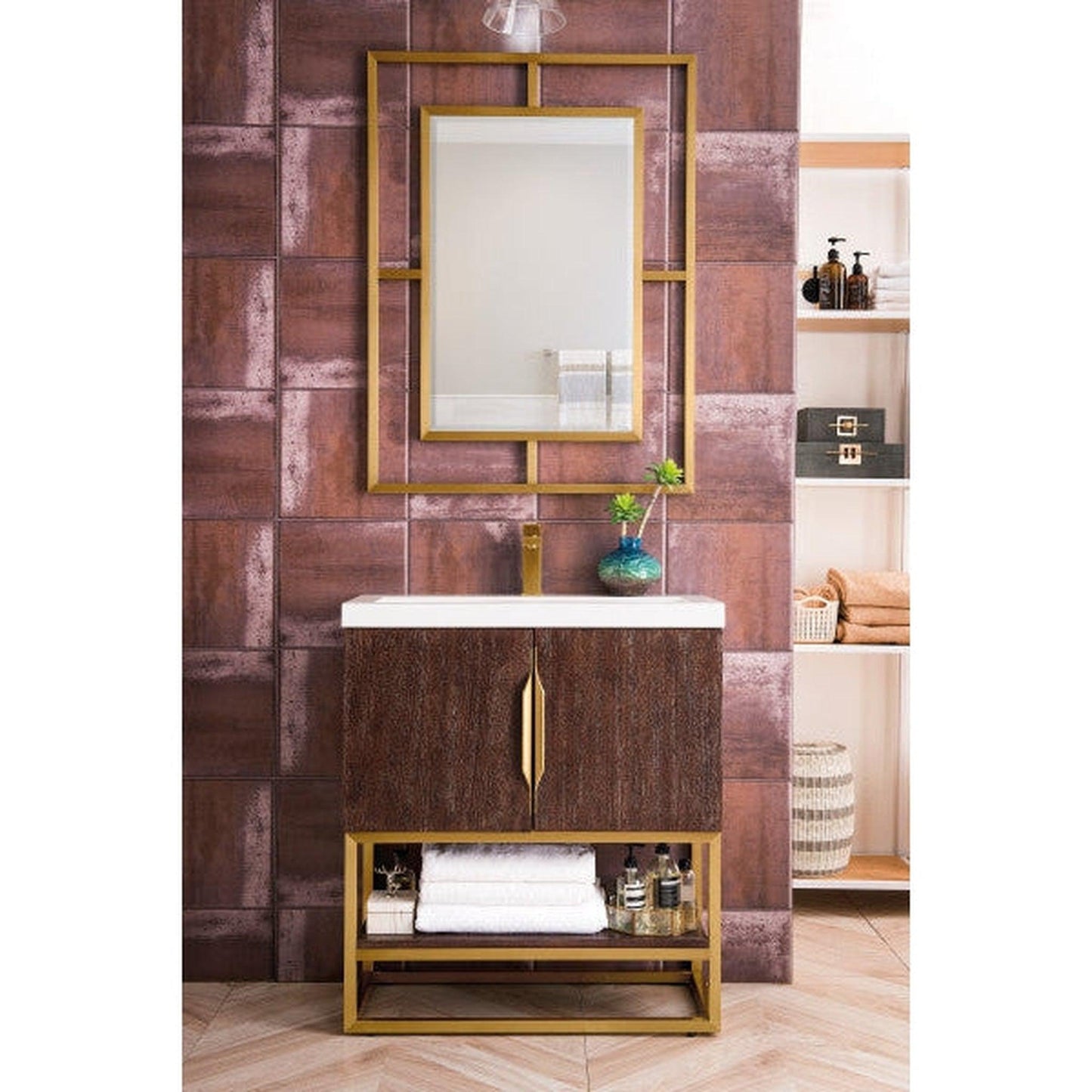 James Martin Columbia 32" Single Coffee Oak Bathroom Vanity With Radiant Gold Hardware and 2" Glossy White Composite Countertop