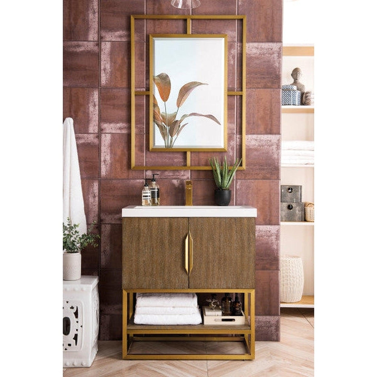 James Martin Columbia 32" Single Latte Oak Bathroom Vanity With Radiant Gold Hardware and 2" Glossy White Composite Countertop