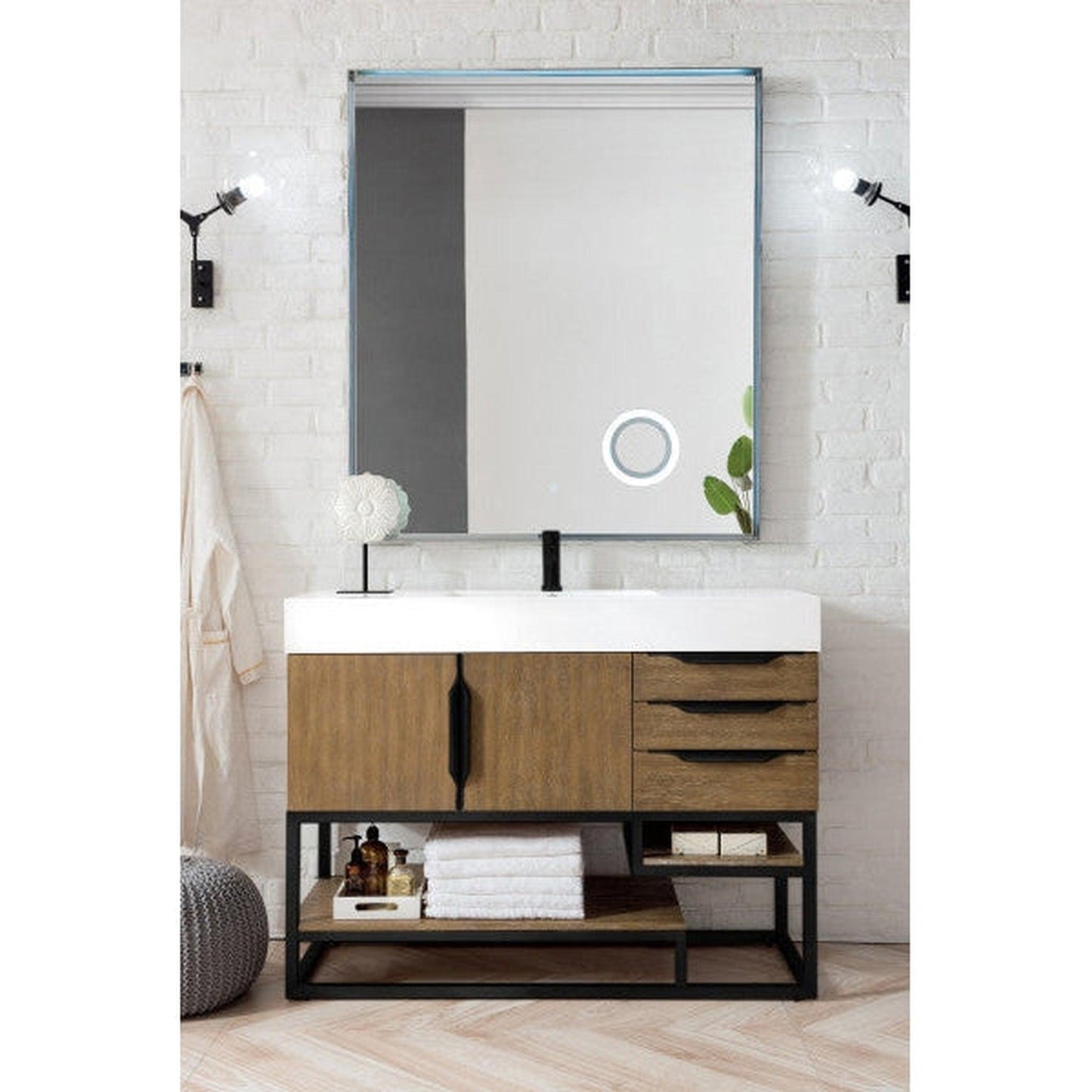 James Martin Columbia 48" Single Latte Oak Bathroom Vanity With Matte Black Hardware and 6" Glossy White Composite Countertop