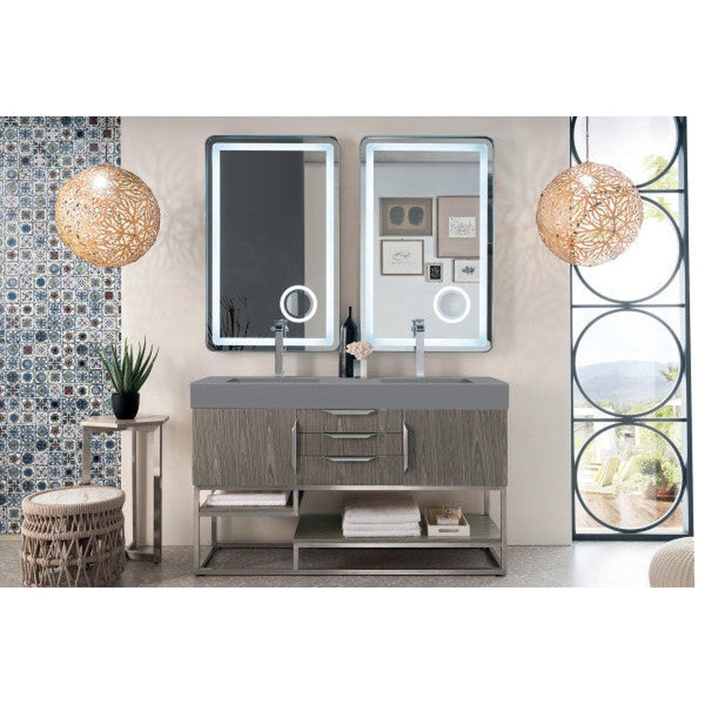 James Martin Columbia 59" Double Ash Gray Bathroom Vanity With 6" Glossy Dusk Gray Composite Countertop