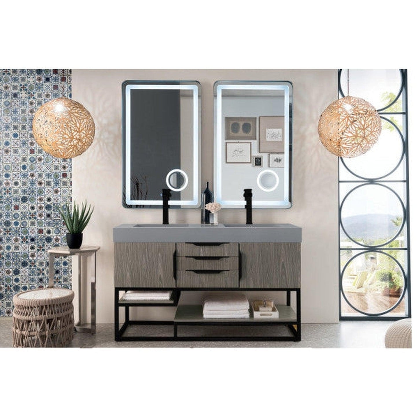 James Martin Columbia 59" Double Ash Gray Bathroom Vanity With Matte Black Hardware and 6" Glossy Dusk Gray Composite Countertop