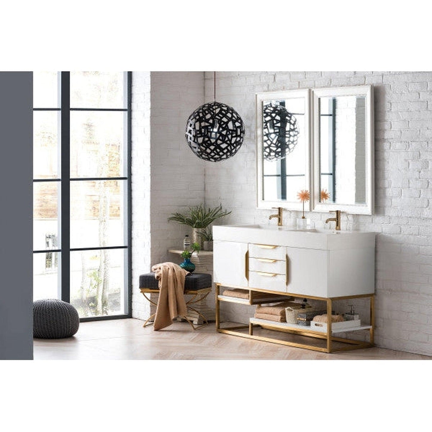 James Martin Columbia 59" Double Glossy White Bathroom Vanity With Radiant Gold Hardware and 6" Glossy White Composite Countertop
