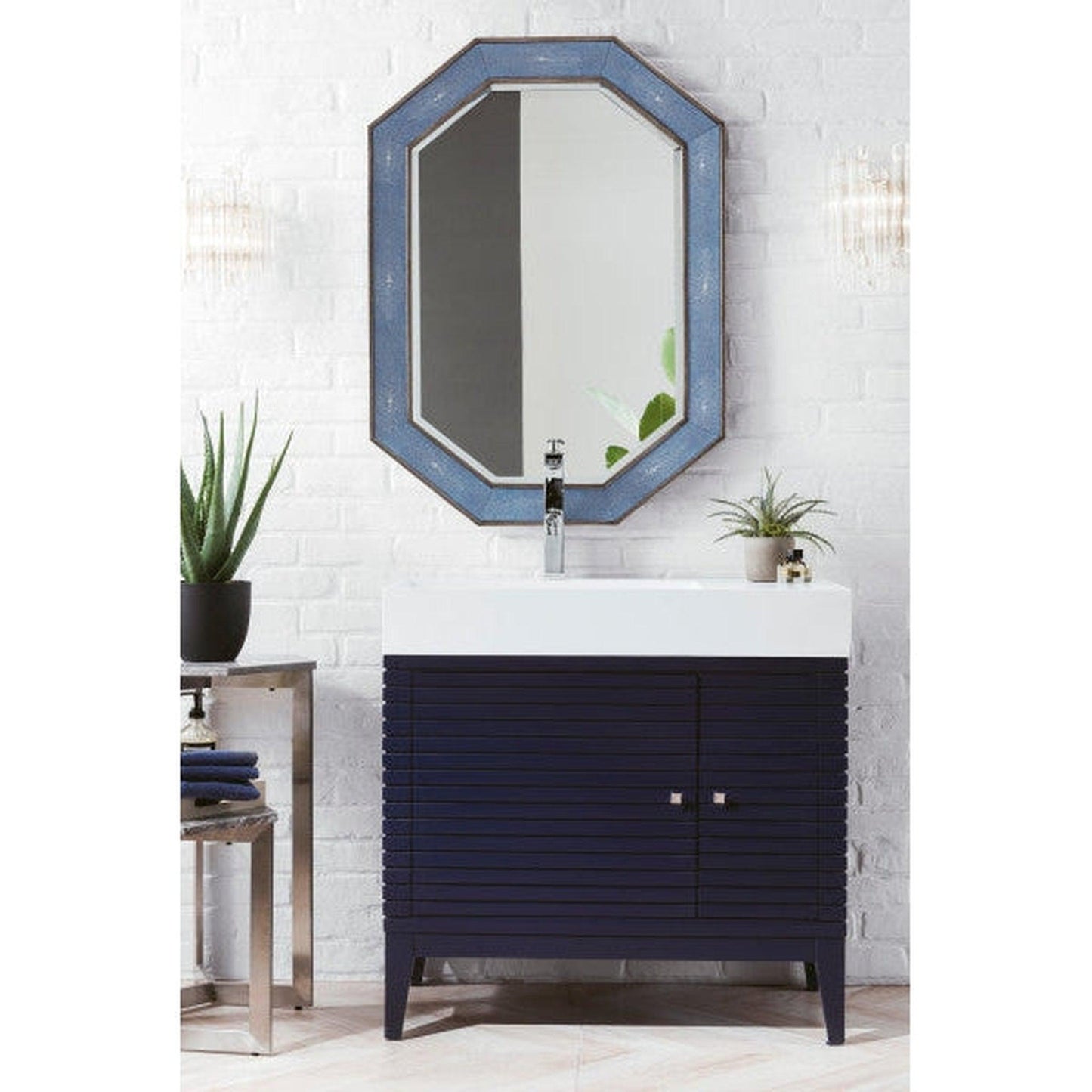 James Martin Linear 36" Single Victory Blue Bathroom Vanity With 6" Glossy White Composite Countertop
