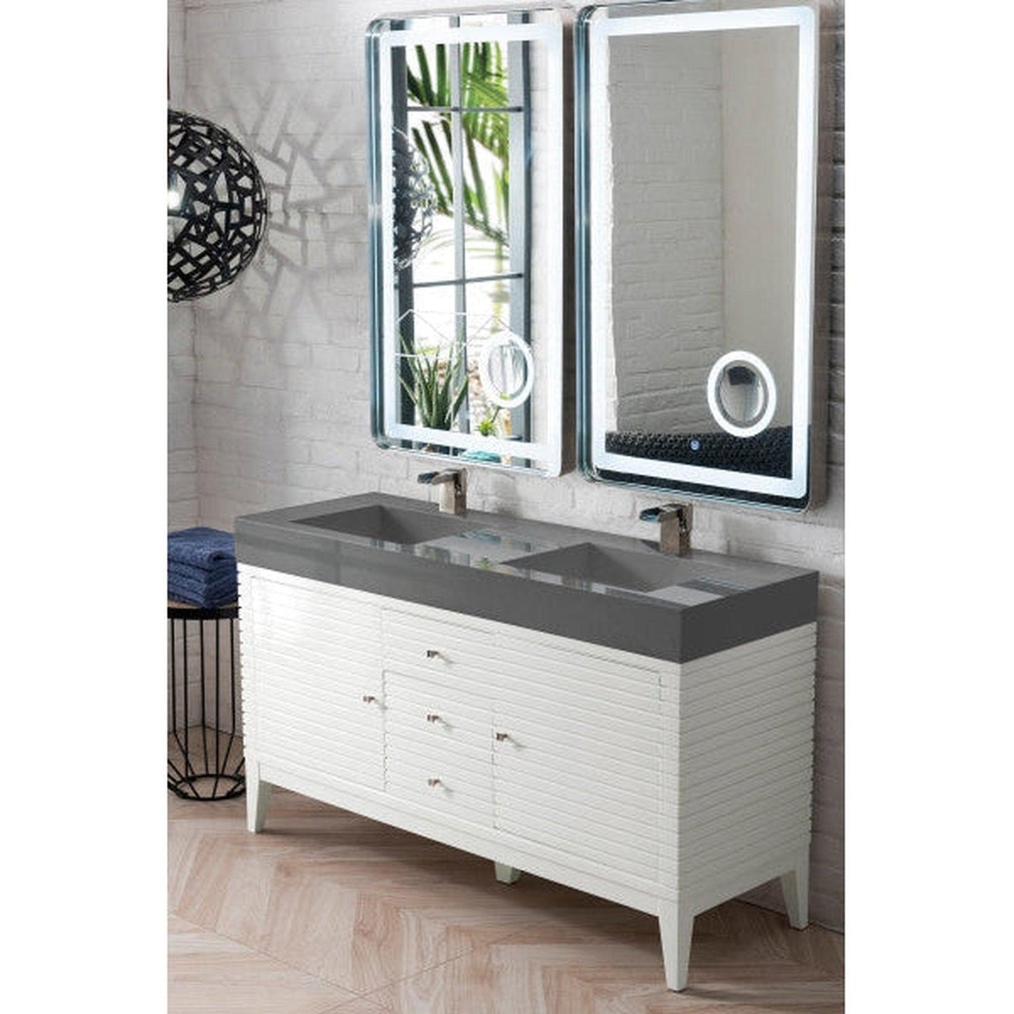 James Martin Linear 59" Double Glossy White Bathroom Vanity With 6" Glossy Dusk Gray Composite Countertop