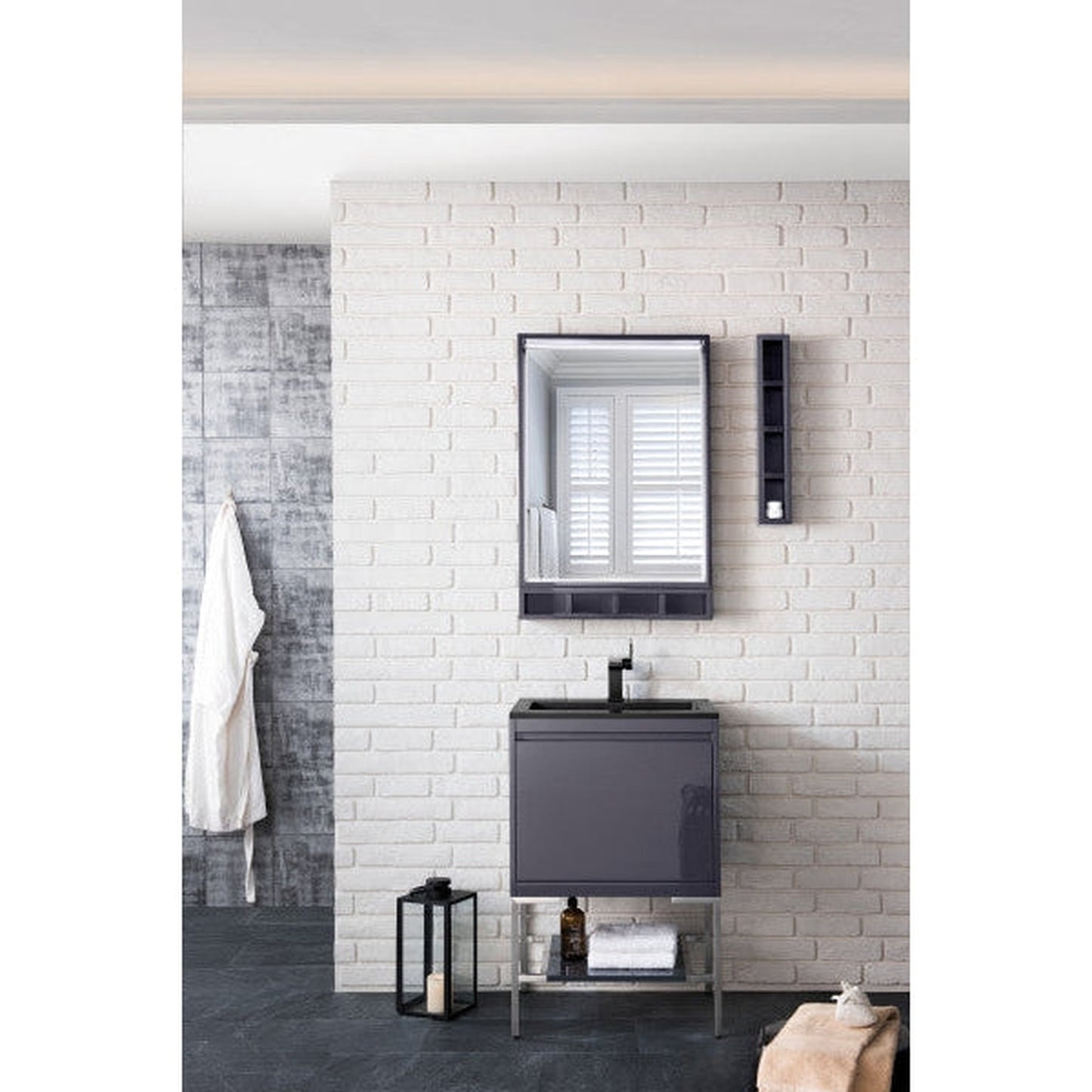 James Martin Milan 24" x 32" Modern Grey Glossy Square Cube Mirror