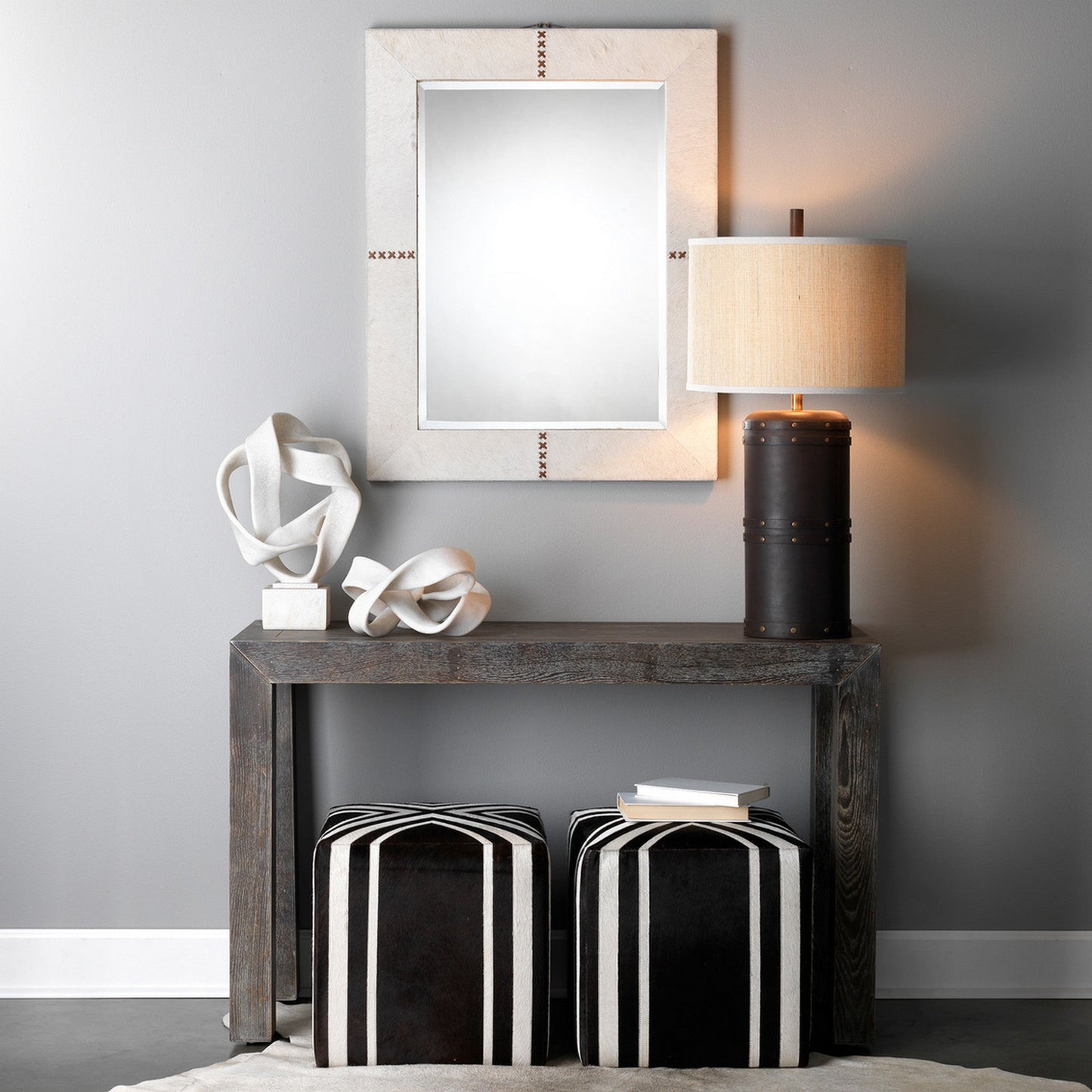 Jamie Young Stitch 28" x 36" Rectangle Mirror With White Hide Frame With Leather Brown Stitching Accents