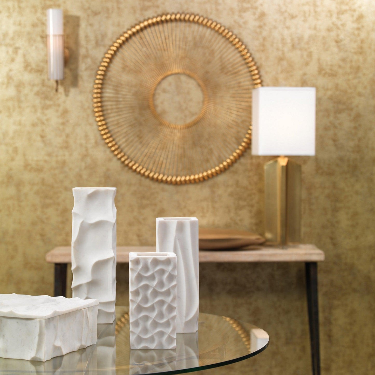 Jamie Young Torino 4" x 17" 1-Light Cylinder Antique Brass Wall Sconce With Metal Wire Frame and White Glass Shade