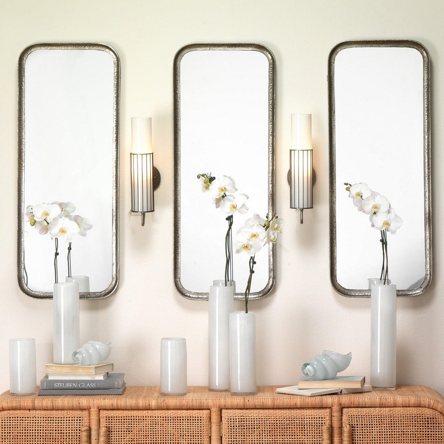 Jamie Young Torino 4" x 17" 1-Light Cylinder Gun Metal Wall Sconce With Metal Wire Frame and White Glass Shade