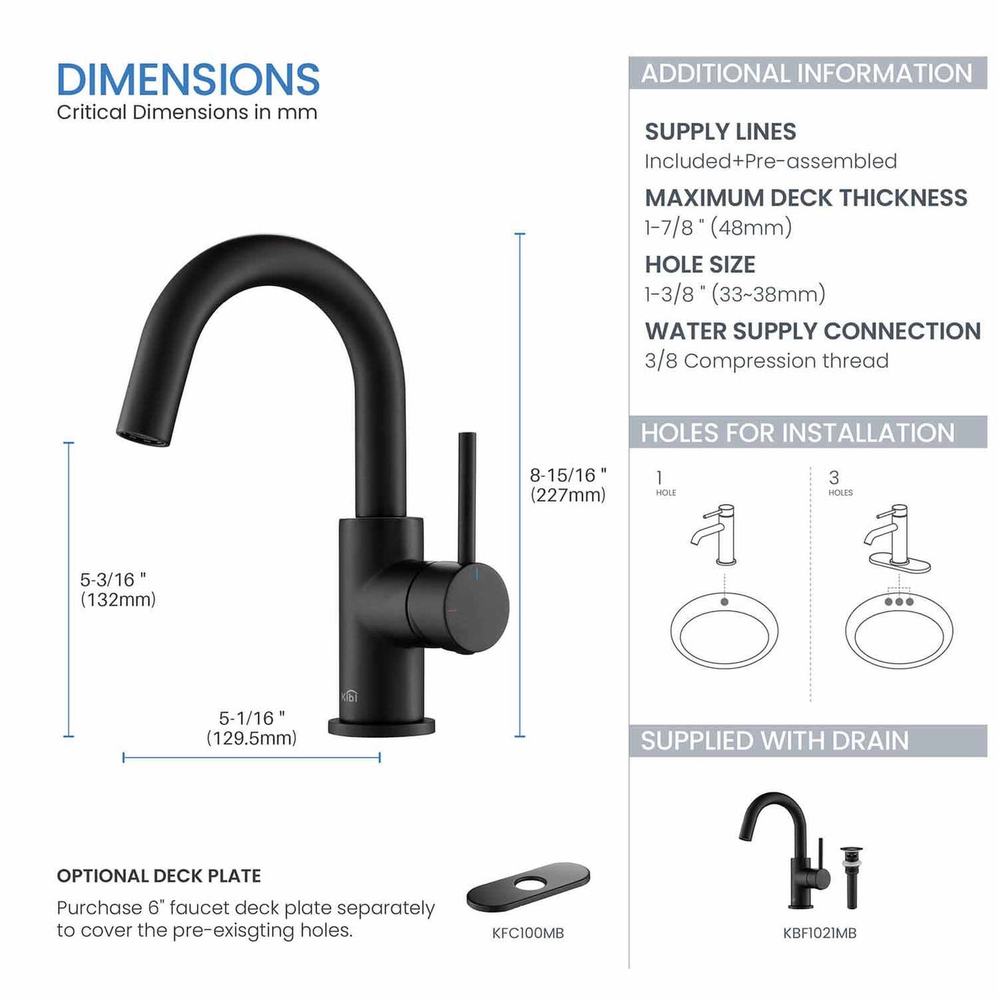 KIBI Circular High-Arc Single Handle Matte Black Solid Brass Bathroom Sink Faucet With Pop-Up Drain Stopper Small Cover With Overflow