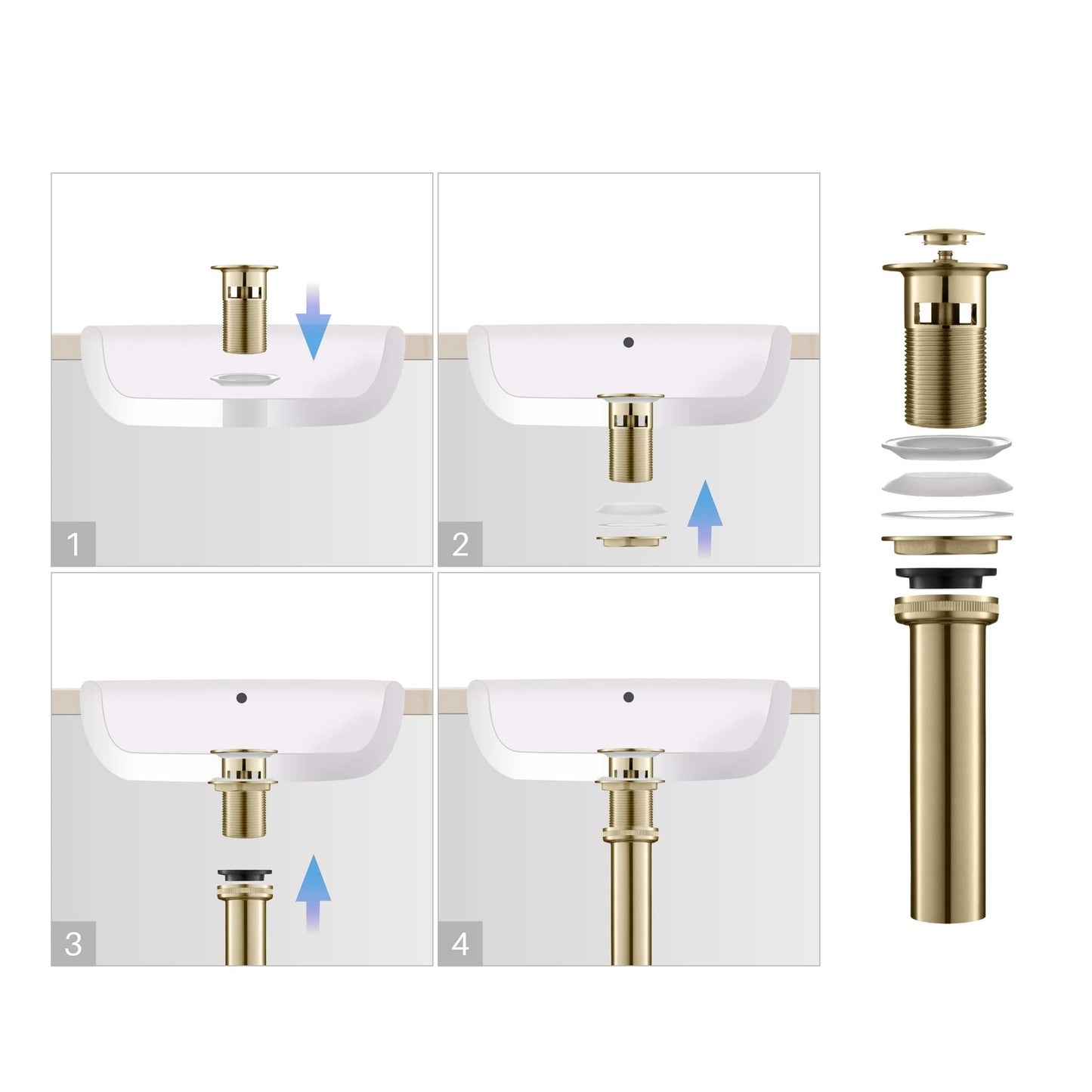 KIBI Circular Single Handle Brushed Gold Solid Brass Bathroom Sink Faucet With Pop-Up Drain Stopper Small Cover With Overflow