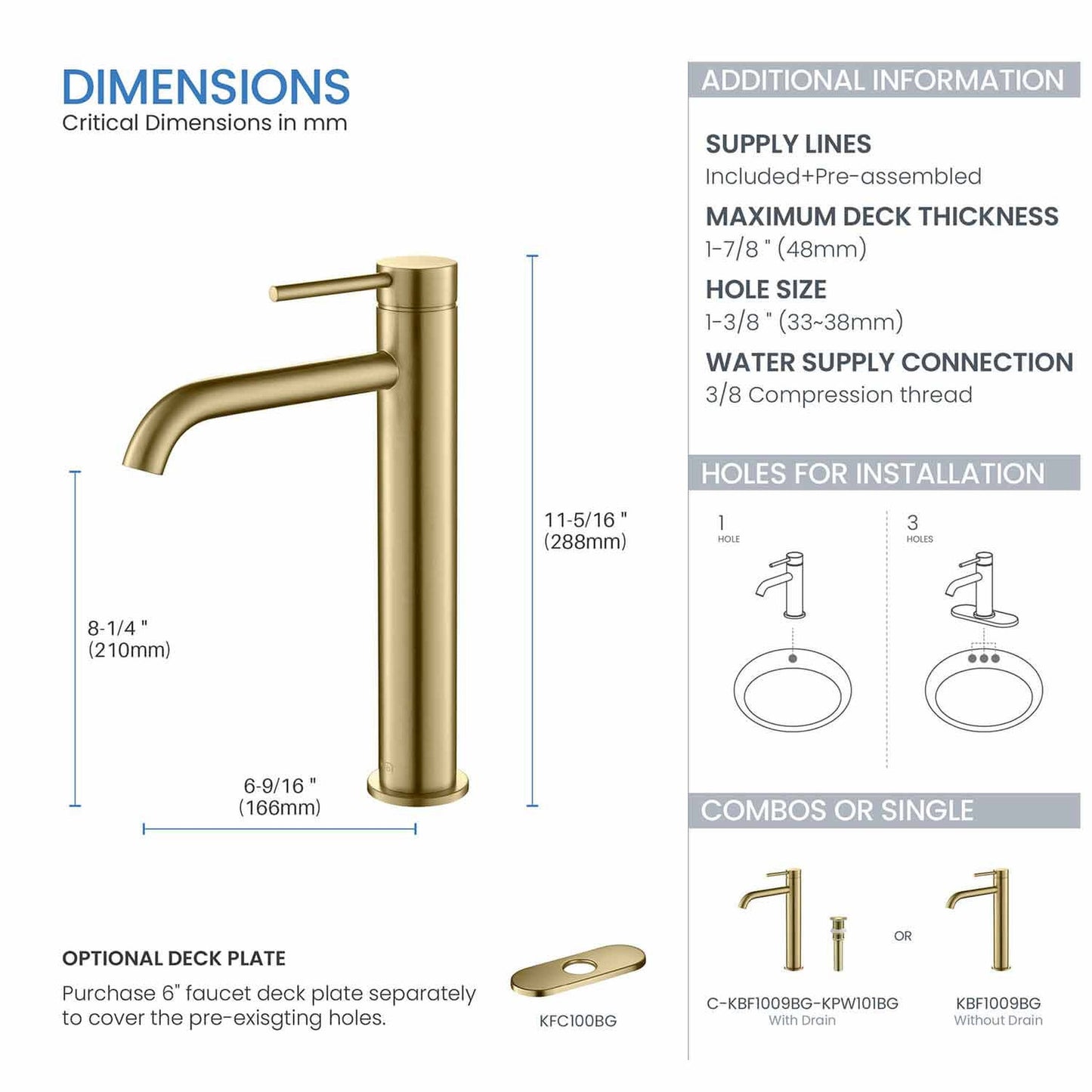 KIBI Circular Single Handle Brushed Gold Solid Brass Bathroom Vessel Sink Faucet