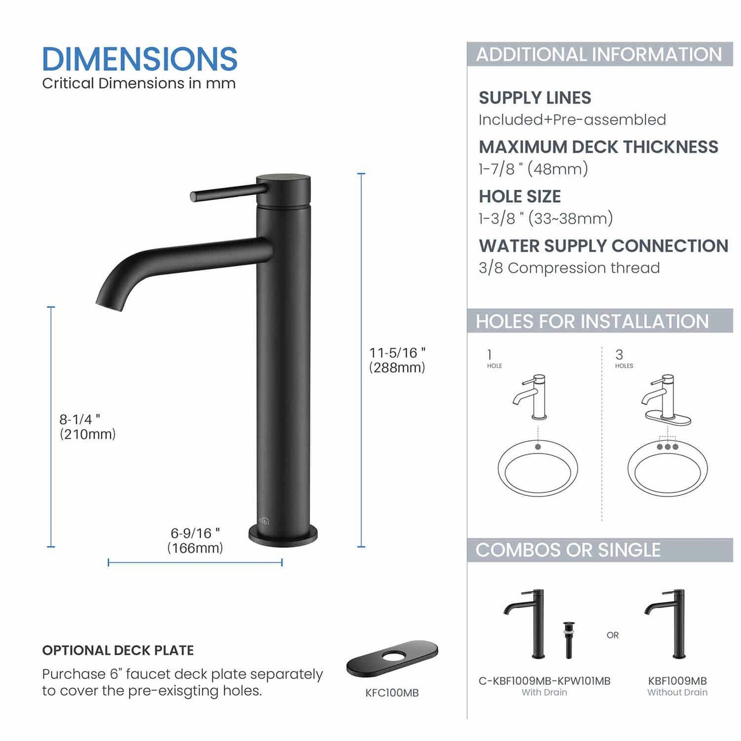 KIBI Circular Single Handle Matte Black Solid Brass Bathroom Vessel Sink Faucet