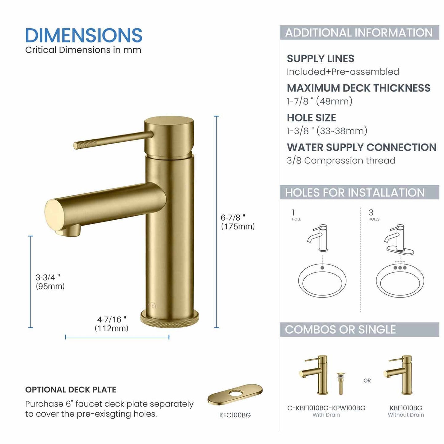 KIBI Circular X Single Handle Brushed Gold Solid Brass Bathroom Vanity Sink Faucet