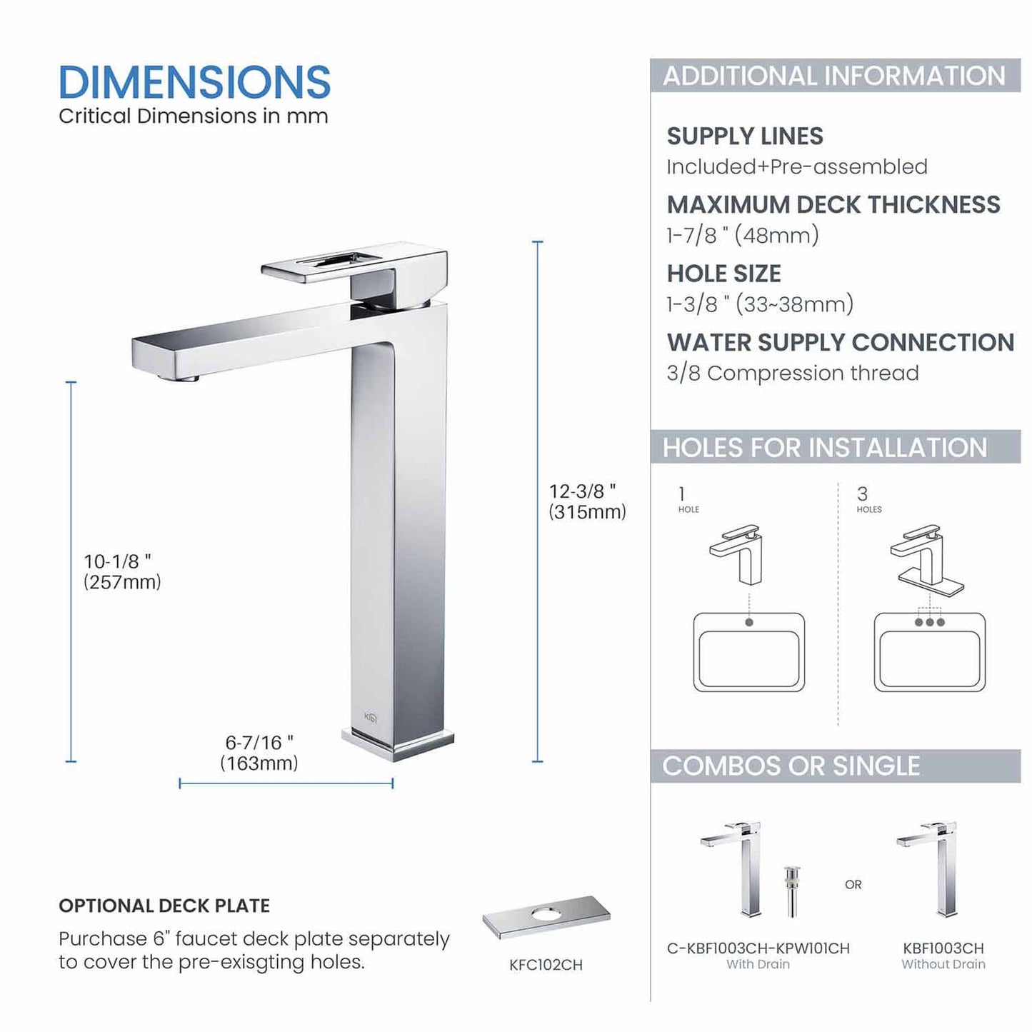 KIBI Cubic Single Handle Chrome Solid Brass Bathroom Vessel Sink Faucet