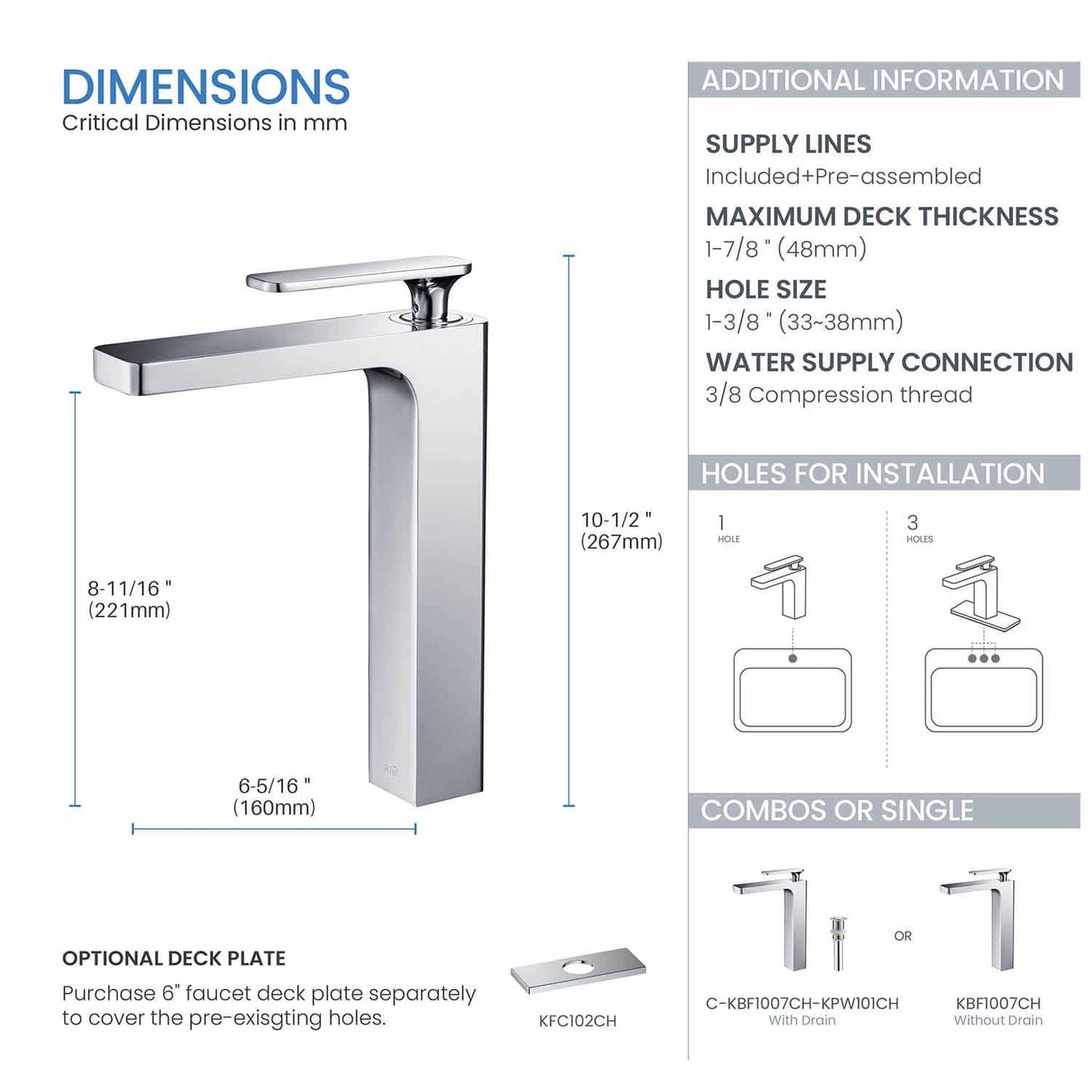 KIBI Infinity Single Handle Chrome Solid Brass Bathroom Vanity Vessel Sink Faucet