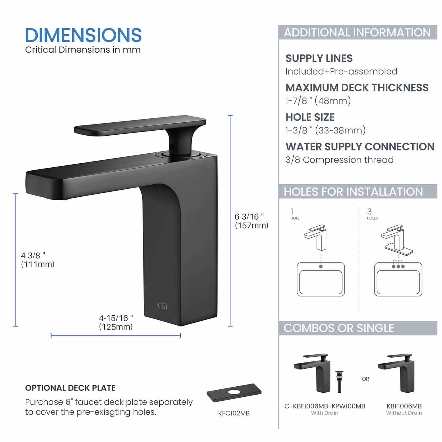 KIBI Infinity Single Handle Matte Black Solid Brass Bathroom Vanity Sink Faucet