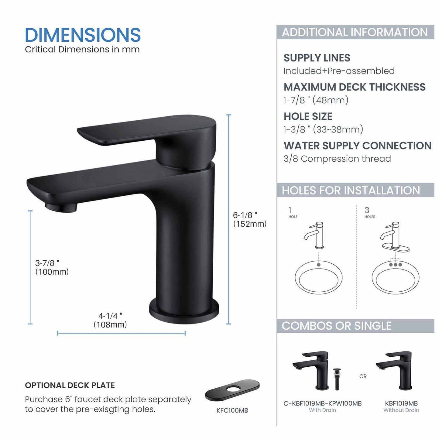 KIBI Tender Single Handle Matte Black Solid Brass Bathroom Sink Faucet With Pop-Up Drain Stopper Small Cover With Overflow