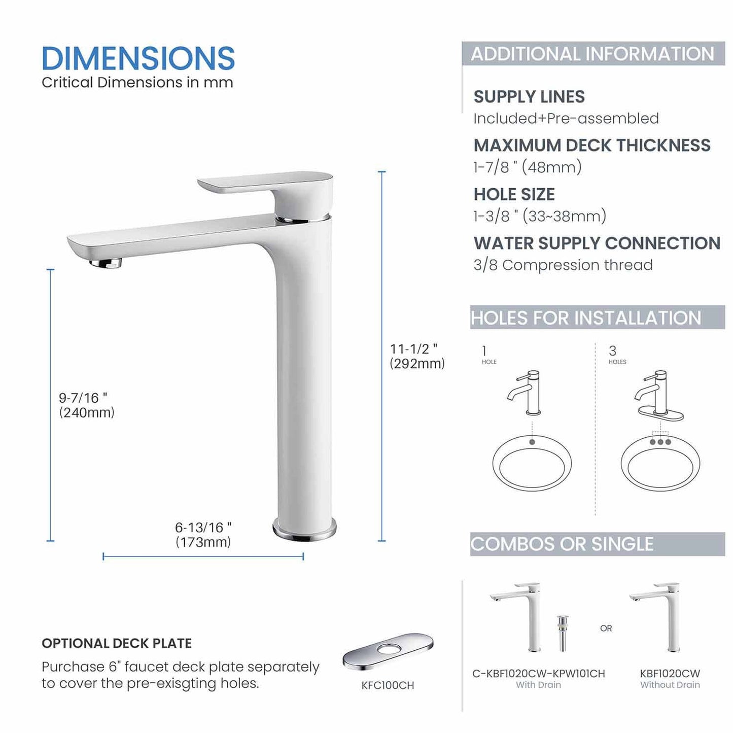 KIBI Tender-T Single Handle White Solid Brass Bathroom Vessel Sink Faucet With Chrome Pop-Up Drain Stopper Small Cover Without Overflow