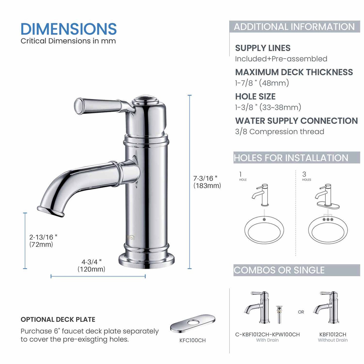 KIBI Victorian Single Handle Chrome Solid Brass Bathroom Vanity Sink Faucet